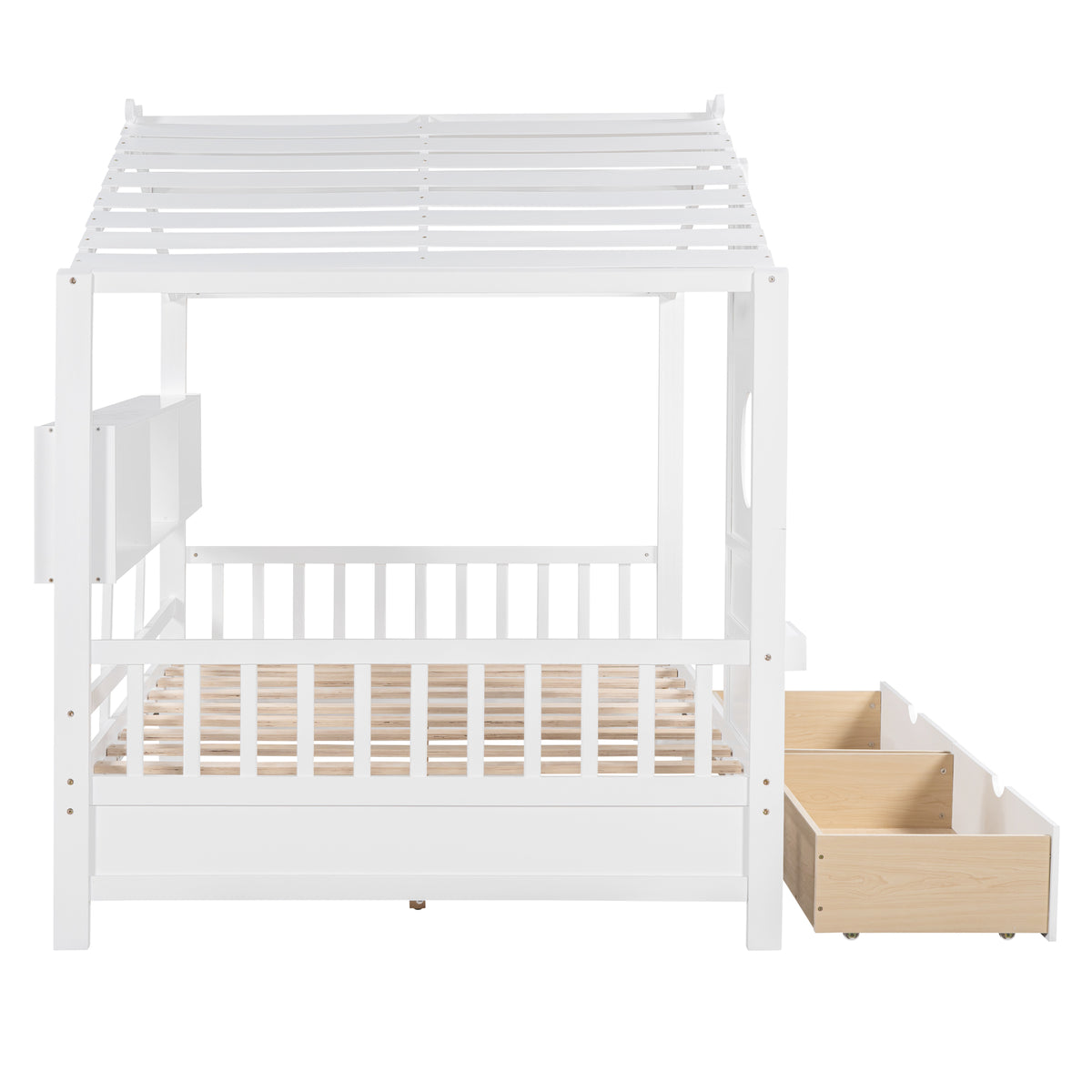 variant-group:rf-n733s308487k|Roomfitters Wooden Full Size House Bed with 2 Drawers and Storage Shelf, White