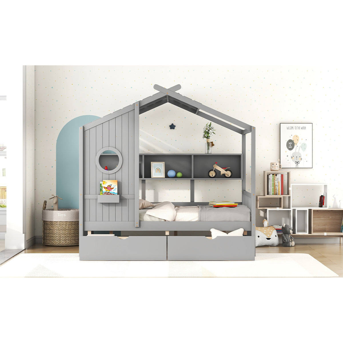 variant-group:rf-n733s308487e|Roomfitters Wooden Full Size House Bed with 2 Drawers and Storage Shelf, Gray