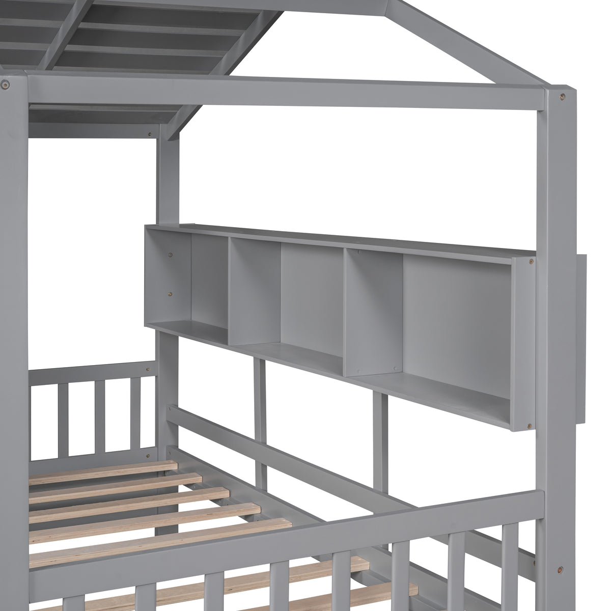 variant-group:rf-n733s308483e|Roomfitters Wooden Twin Size House Bed with 2 Drawers and Storage Shelf, Gray