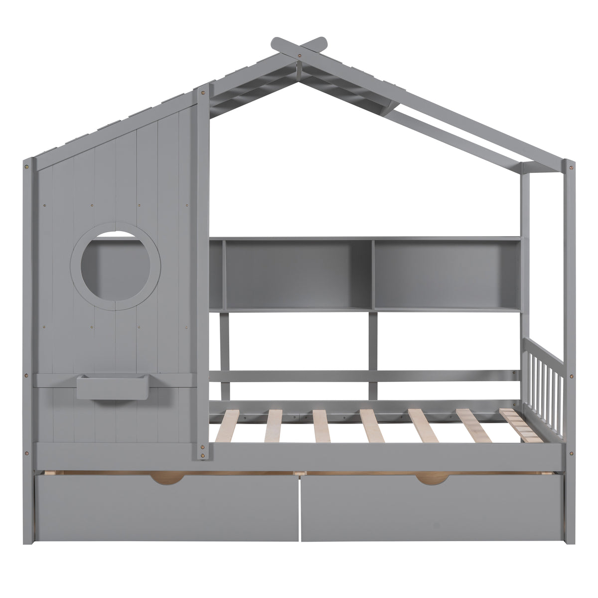 variant-group:rf-n733s308483e|Roomfitters Wooden Twin Size House Bed with 2 Drawers and Storage Shelf, Gray