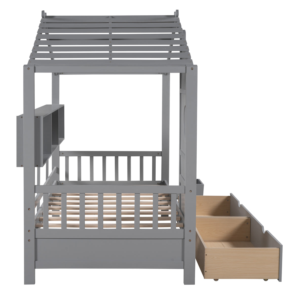variant-group:rf-n733s308483e|Roomfitters Wooden Twin Size House Bed with 2 Drawers and Storage Shelf, Gray