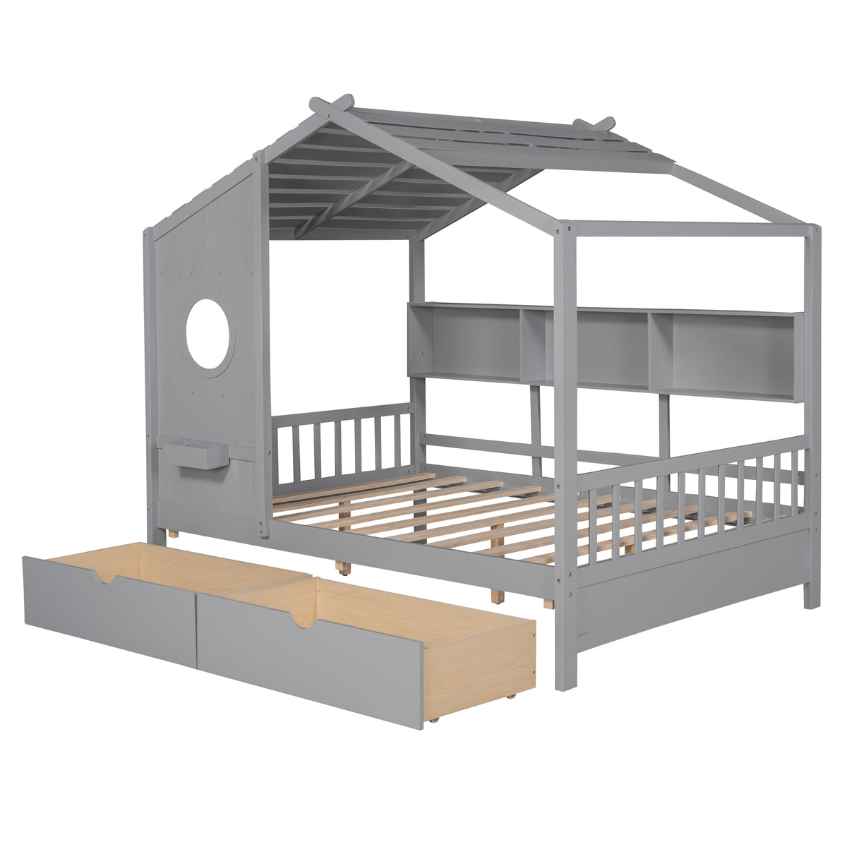 variant-group:rf-n733s308487e|Roomfitters Wooden Full Size House Bed with 2 Drawers and Storage Shelf, Gray