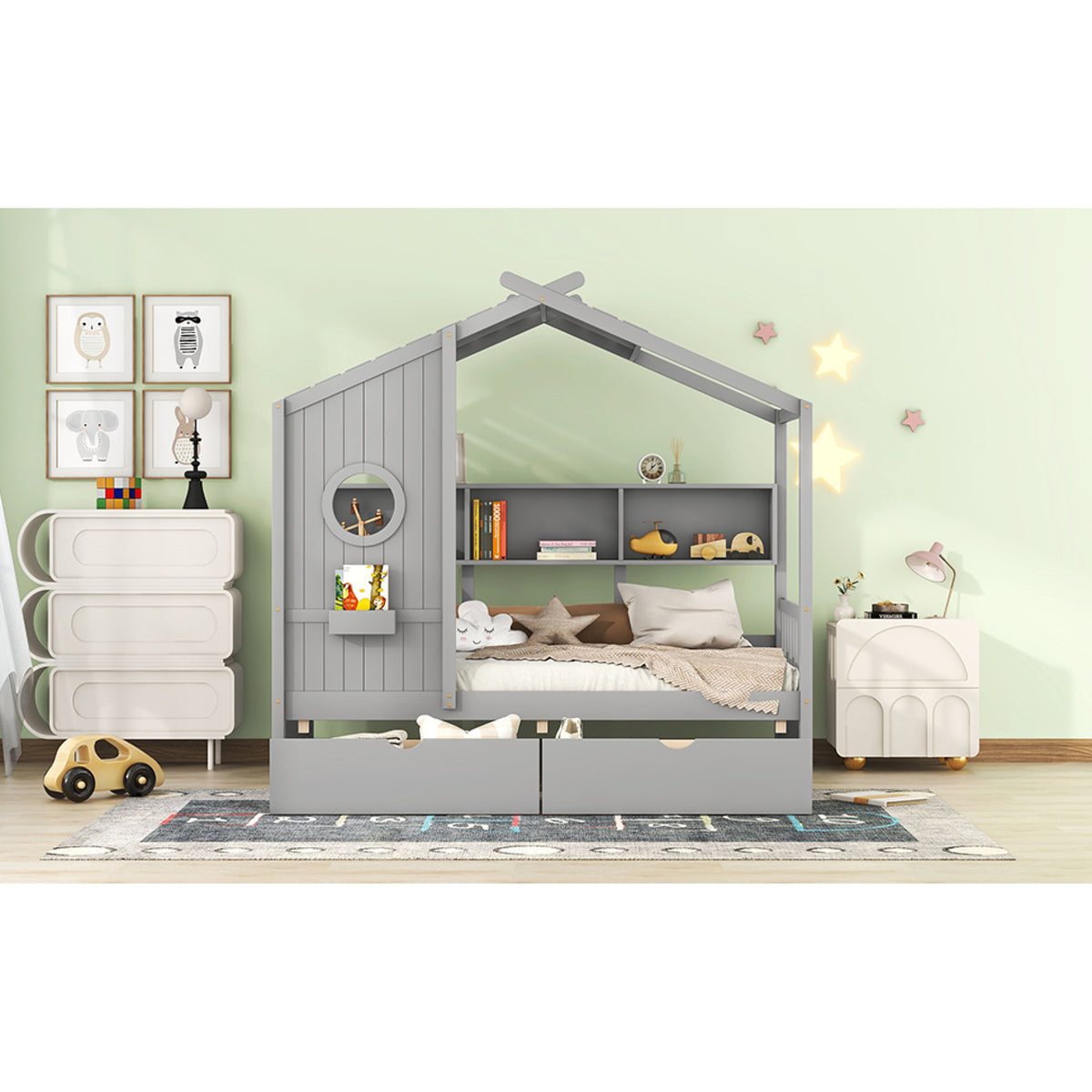 variant-group:rf-n733s308483e|Roomfitters Wooden Twin Size House Bed with 2 Drawers and Storage Shelf, Gray