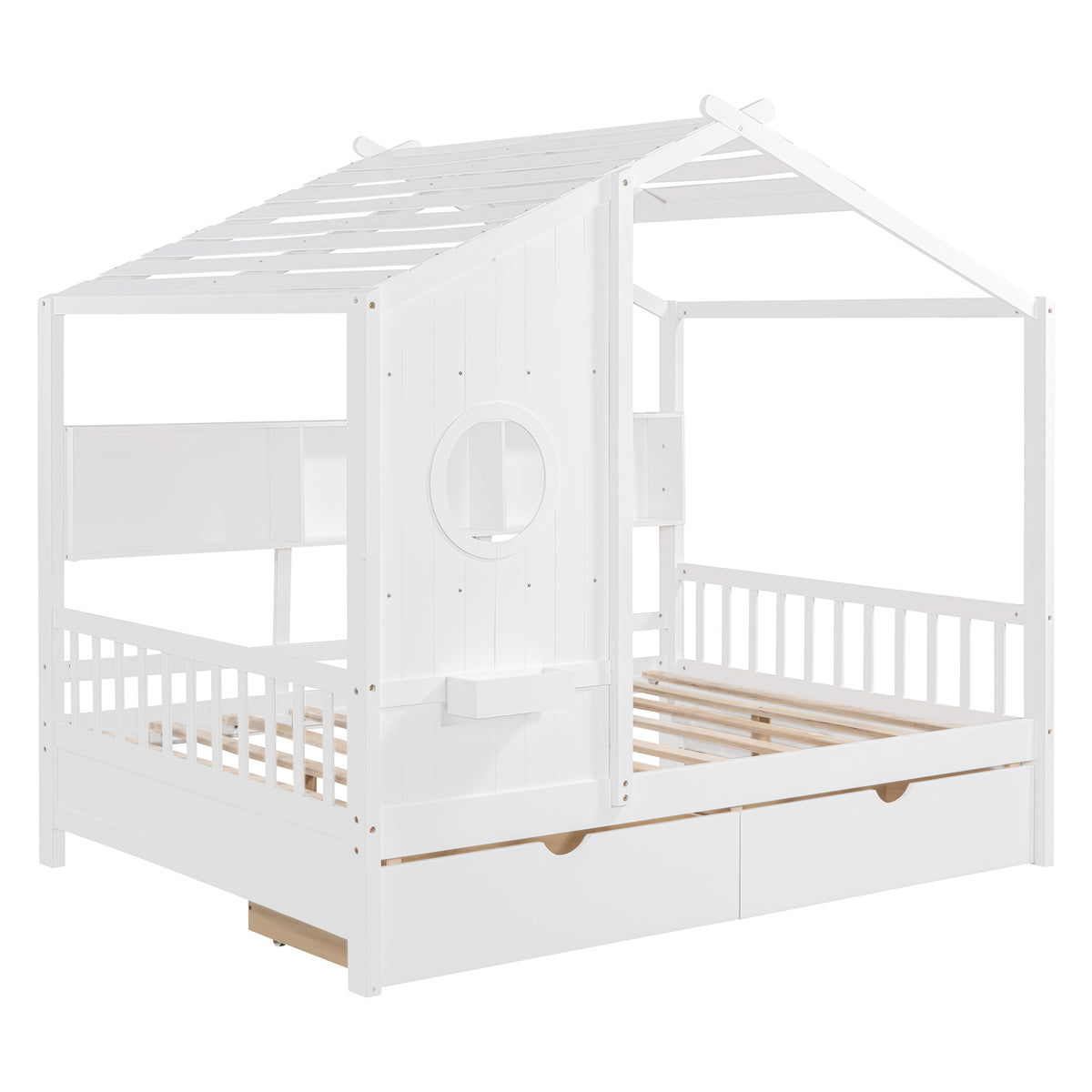 variant-group:rf-n733s308487k|Roomfitters Wooden Full Size House Bed with 2 Drawers and Storage Shelf, White