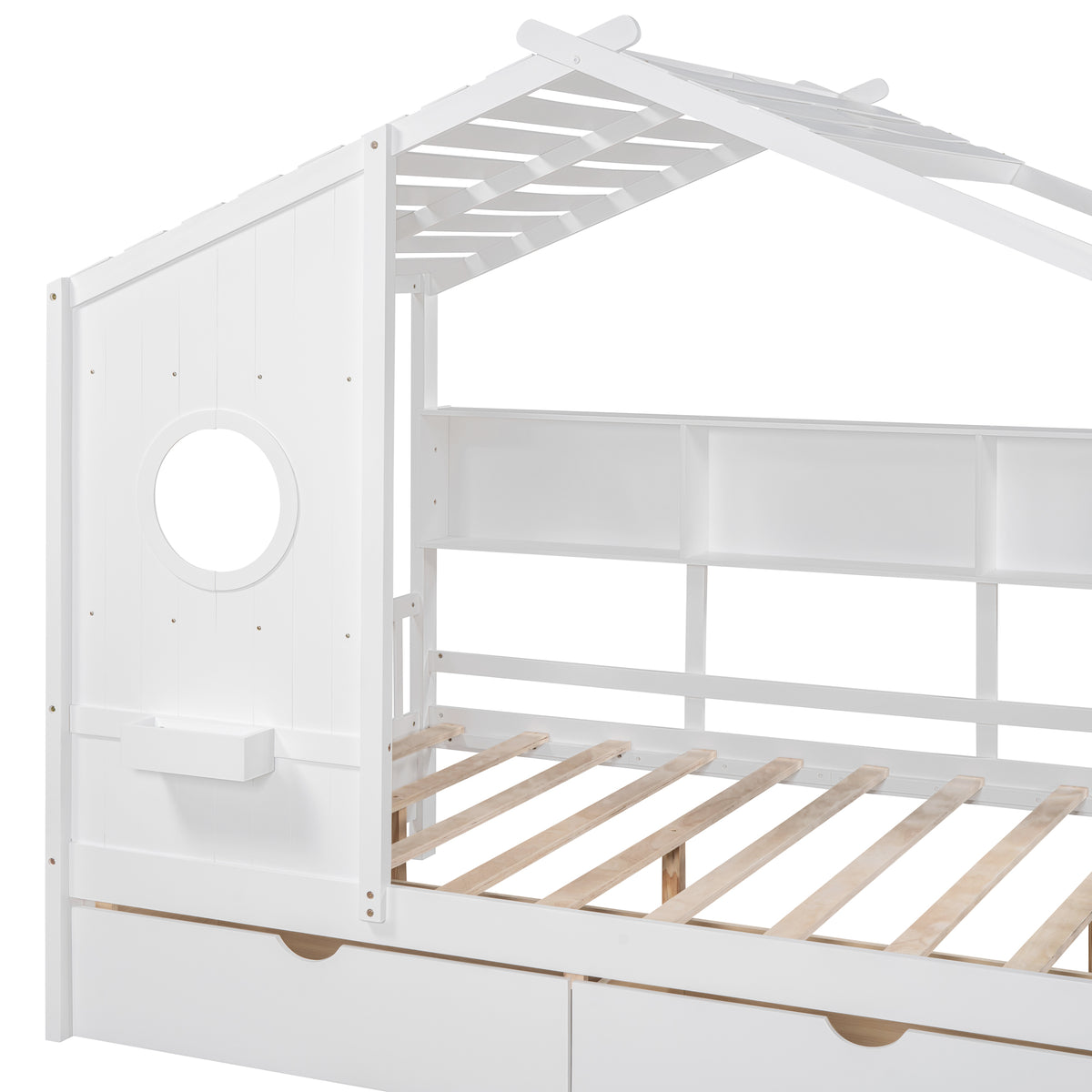 variant-group:rf-n733s308487k|Roomfitters Wooden Full Size House Bed with 2 Drawers and Storage Shelf, White