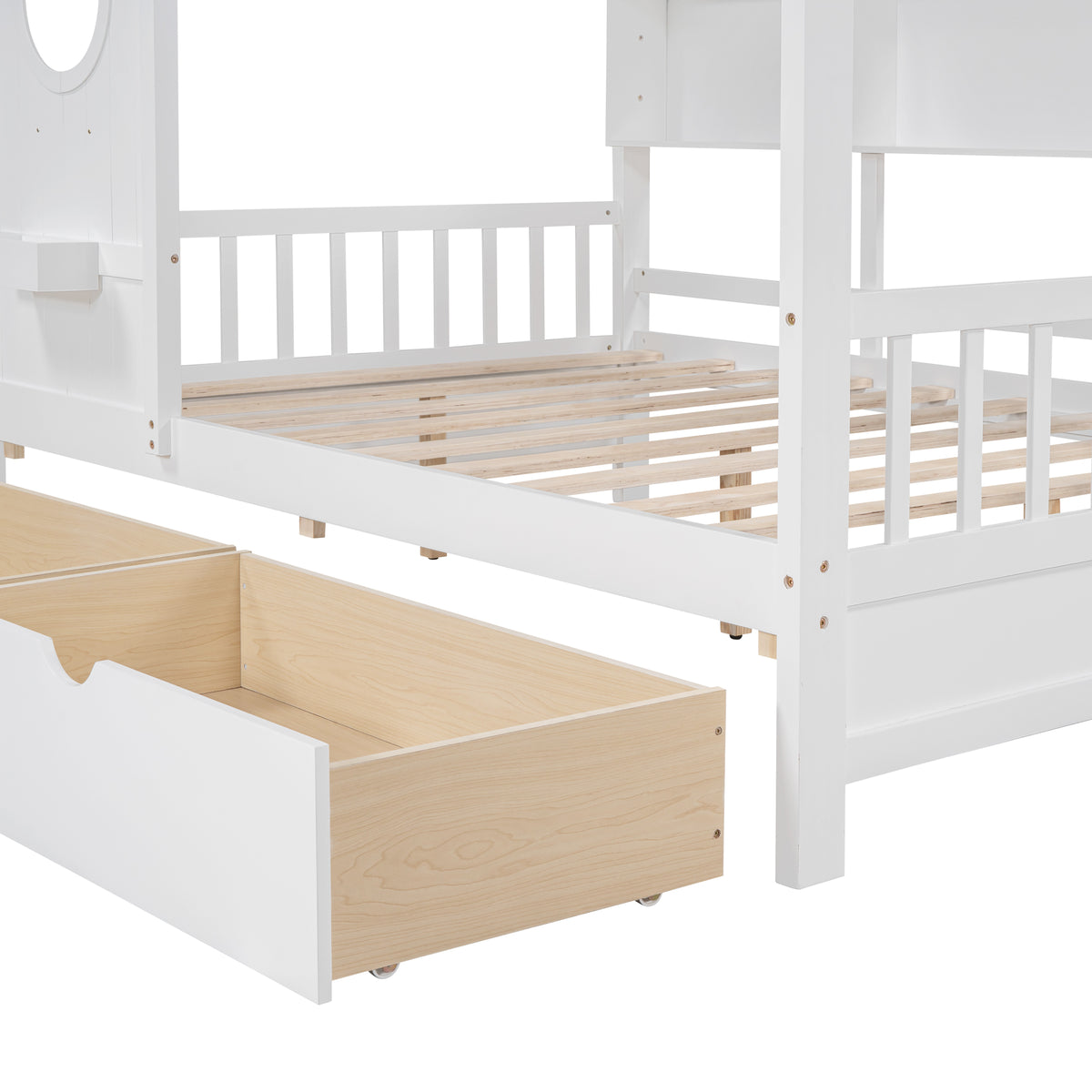 variant-group:rf-n733s308487k|Roomfitters Wooden Full Size House Bed with 2 Drawers and Storage Shelf, White
