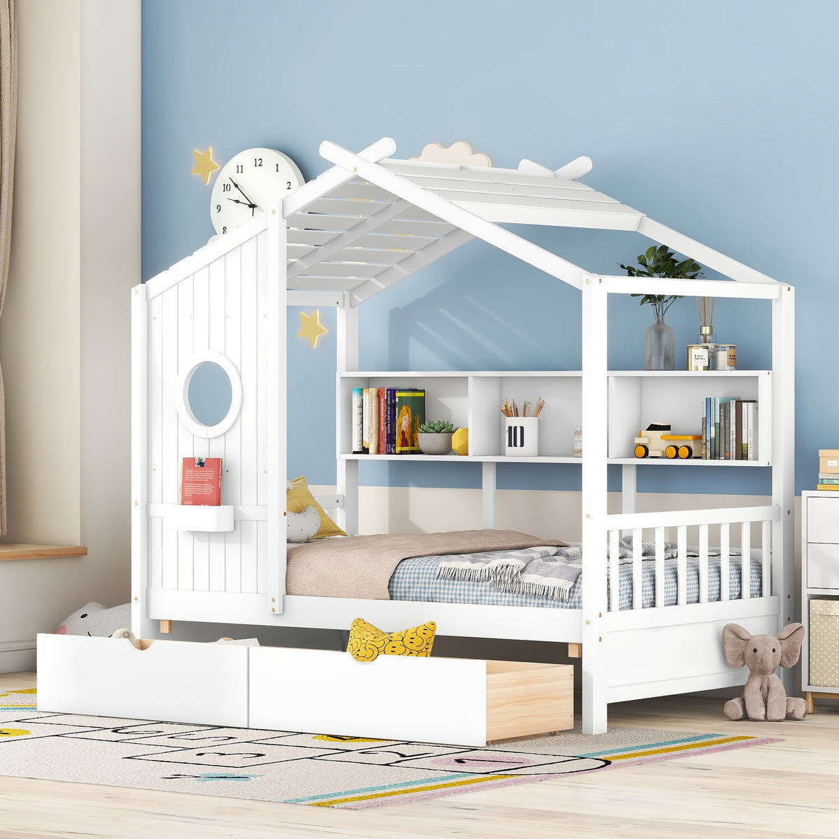 variant-group:rf-n733s308483k|Roomfitters Wooden Twin Size House Bed with 2 Drawers and Storage Shelf, White