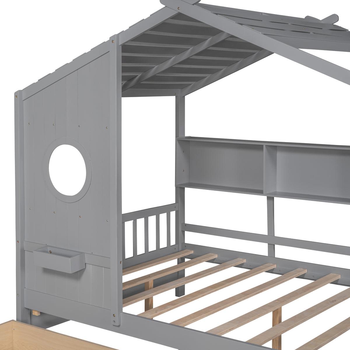 variant-group:rf-n733s308487e|Roomfitters Wooden Full Size House Bed with 2 Drawers and Storage Shelf, Gray