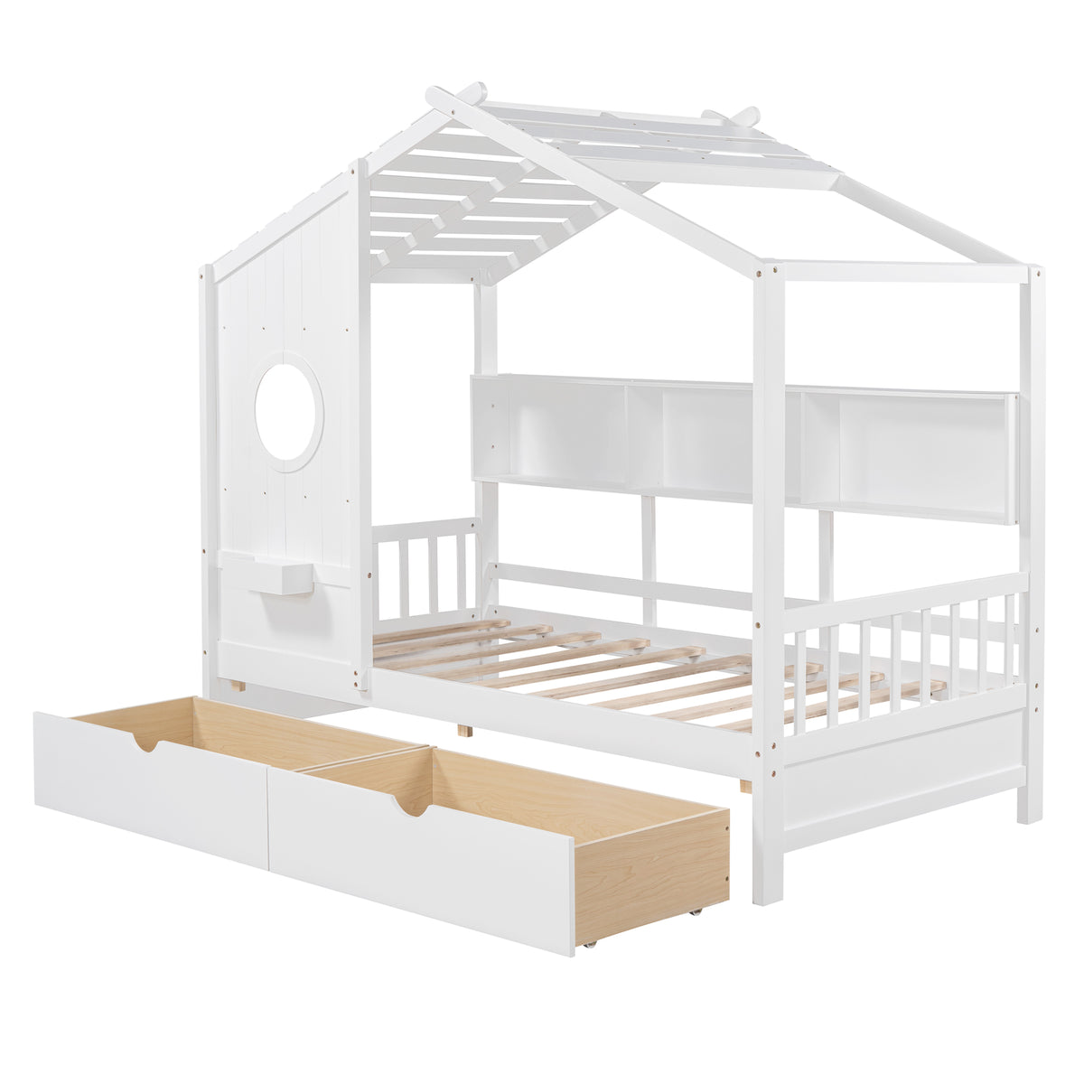 variant-group:rf-n733s308483k|Roomfitters Wooden Twin Size House Bed with 2 Drawers and Storage Shelf, White