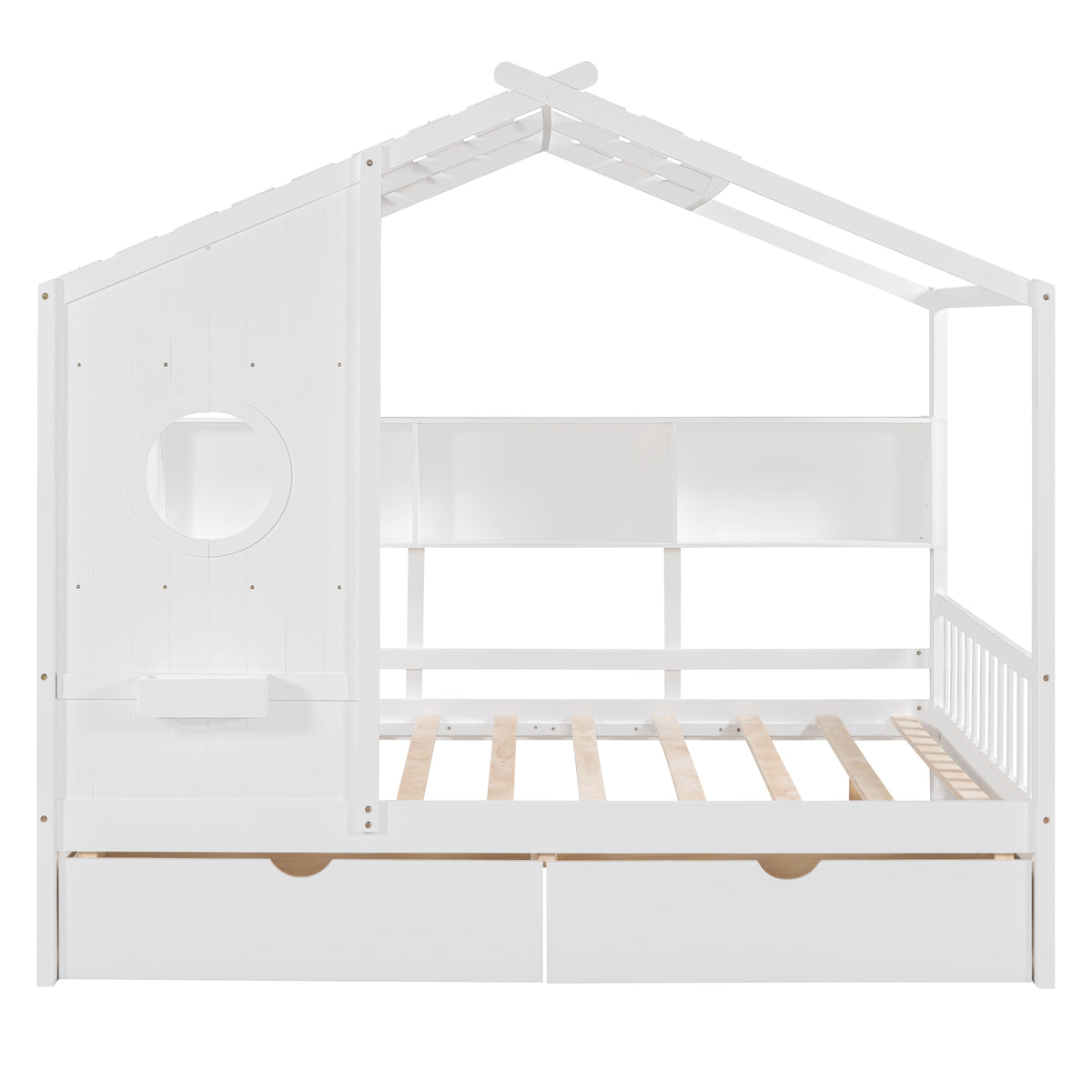 variant-group:rf-n733s308487k|Roomfitters Wooden Full Size House Bed with 2 Drawers and Storage Shelf, White