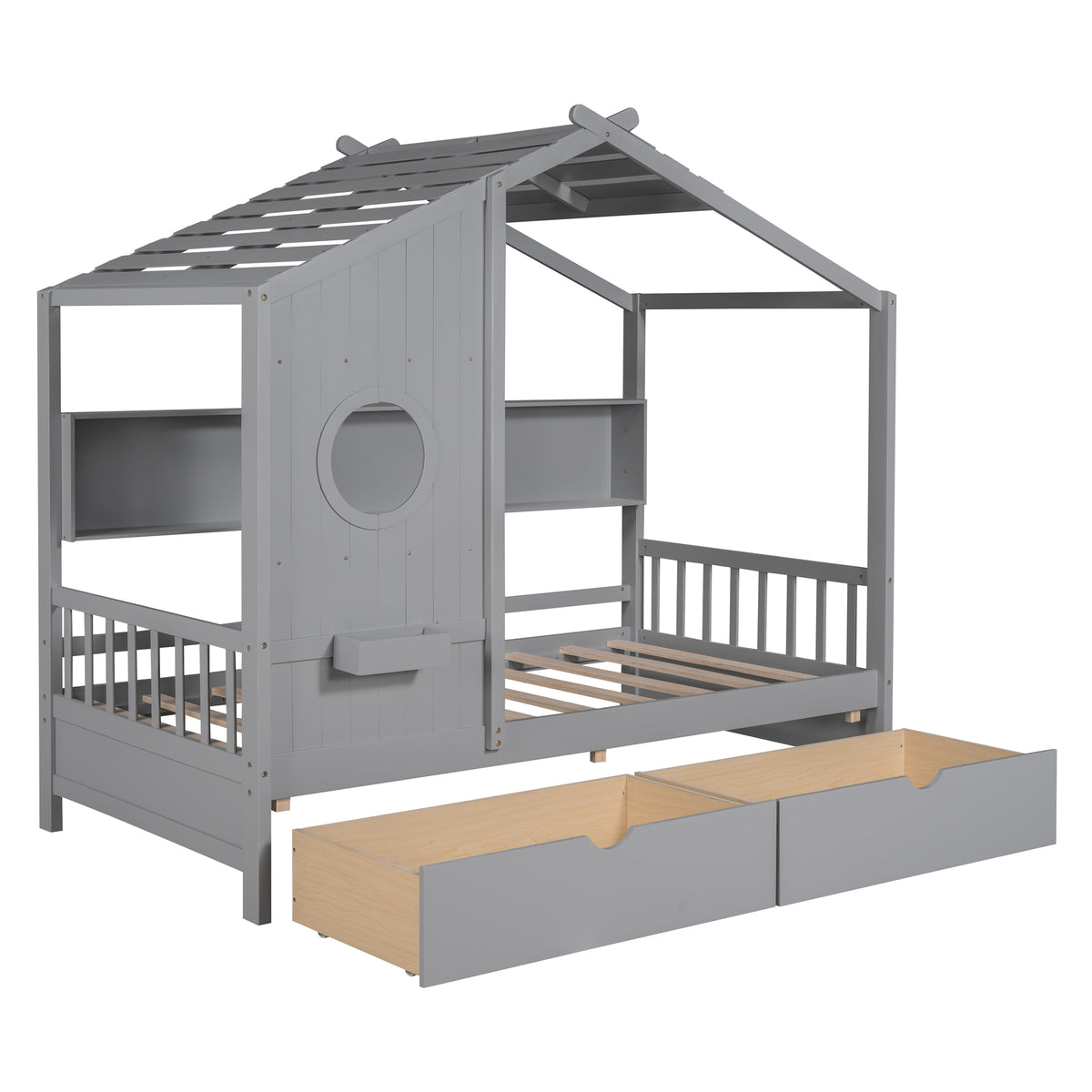 variant-group:rf-n733s308483e|Roomfitters Wooden Twin Size House Bed with 2 Drawers and Storage Shelf, Gray