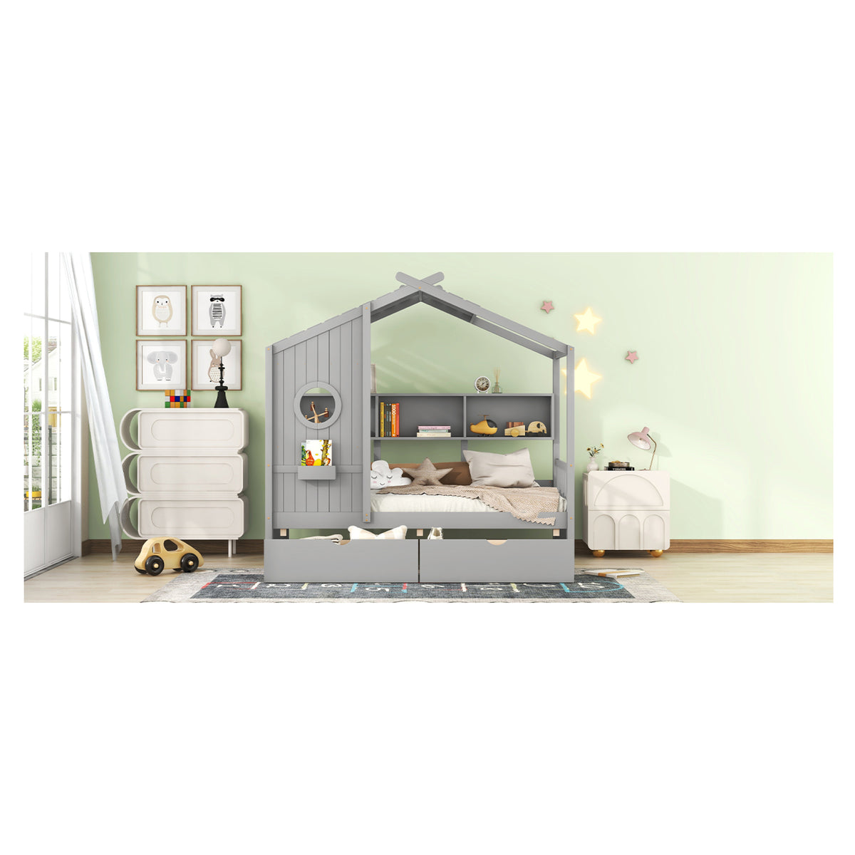 variant-group:rf-n733s308483e|Roomfitters Wooden Twin Size House Bed with 2 Drawers and Storage Shelf, Gray