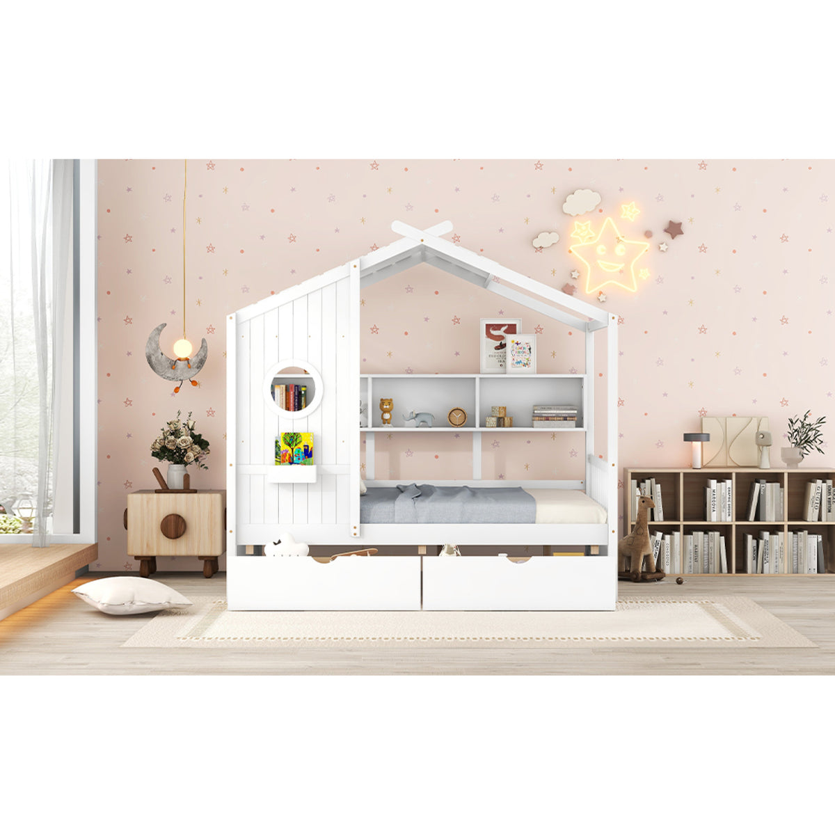variant-group:rf-n733s308487k|Roomfitters Wooden Full Size House Bed with 2 Drawers and Storage Shelf, White