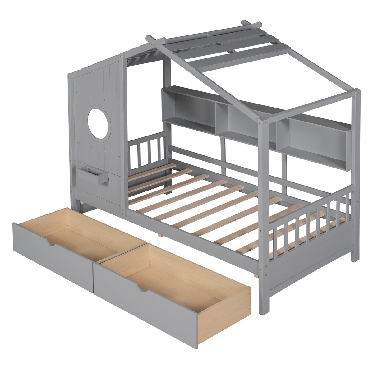 variant-group:rf-n733s308483e|Roomfitters Wooden Twin Size House Bed with 2 Drawers and Storage Shelf, Gray