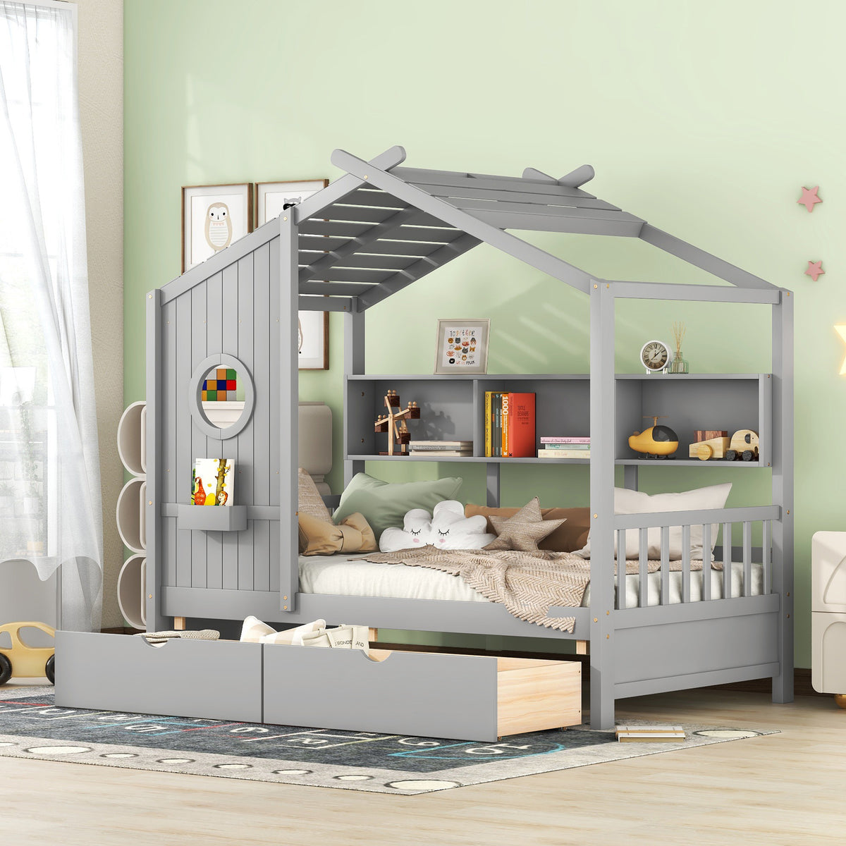 variant-group:rf-n733s308483e|Roomfitters Wooden Twin Size House Bed with 2 Drawers and Storage Shelf, Gray