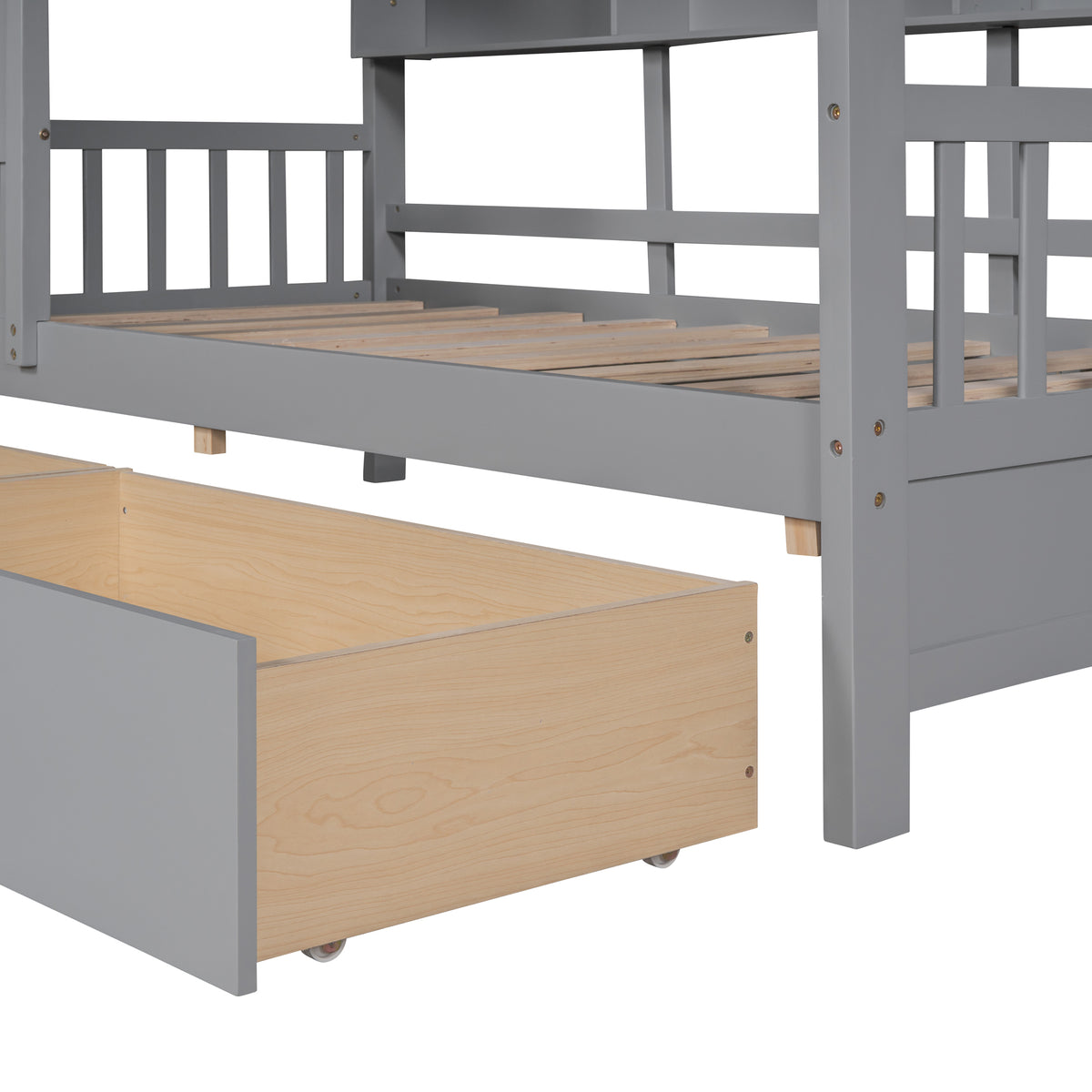 variant-group:rf-n733s308483e|Roomfitters Wooden Twin Size House Bed with 2 Drawers and Storage Shelf, Gray