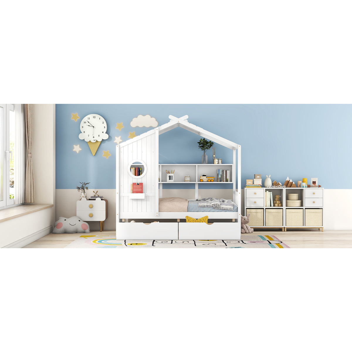 variant-group:rf-n733s308483k|Roomfitters Wooden Twin Size House Bed with 2 Drawers and Storage Shelf, White
