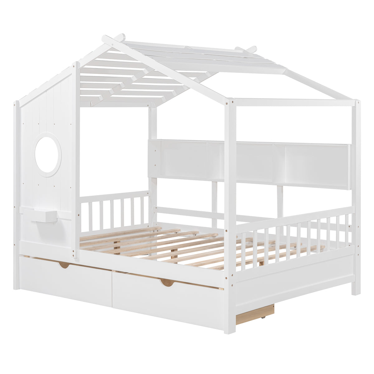 variant-group:rf-n733s308487k|Roomfitters Wooden Full Size House Bed with 2 Drawers and Storage Shelf, White