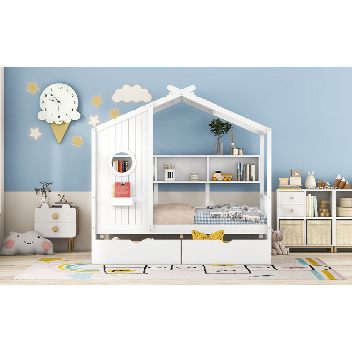 variant-group:rf-n733s308483k|Roomfitters Wooden Twin Size House Bed with 2 Drawers and Storage Shelf, White