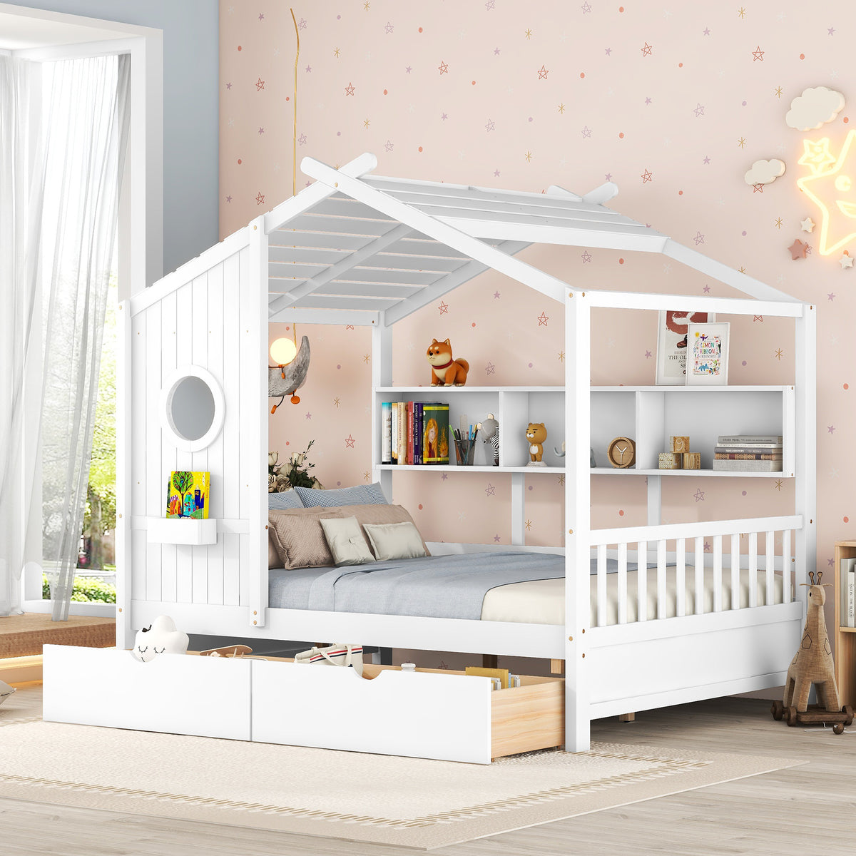 variant-group:rf-n733s308487k|Roomfitters Wooden Full Size House Bed with 2 Drawers and Storage Shelf, White