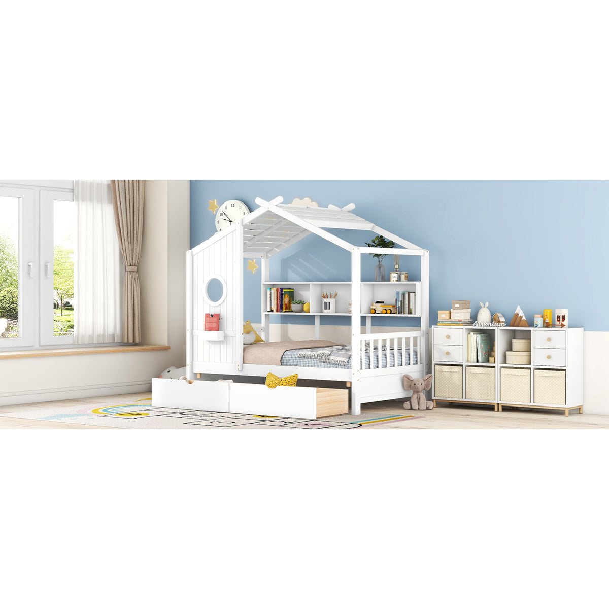 variant-group:rf-n733s308483k|Roomfitters Wooden Twin Size House Bed with 2 Drawers and Storage Shelf, White