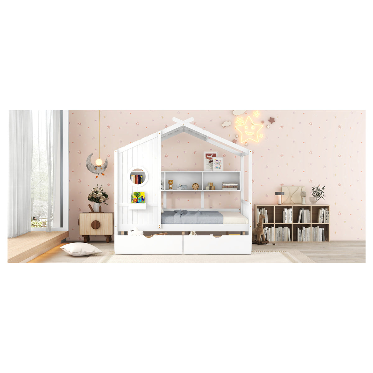 variant-group:rf-n733s308487k|Roomfitters Wooden Full Size House Bed with 2 Drawers and Storage Shelf, White