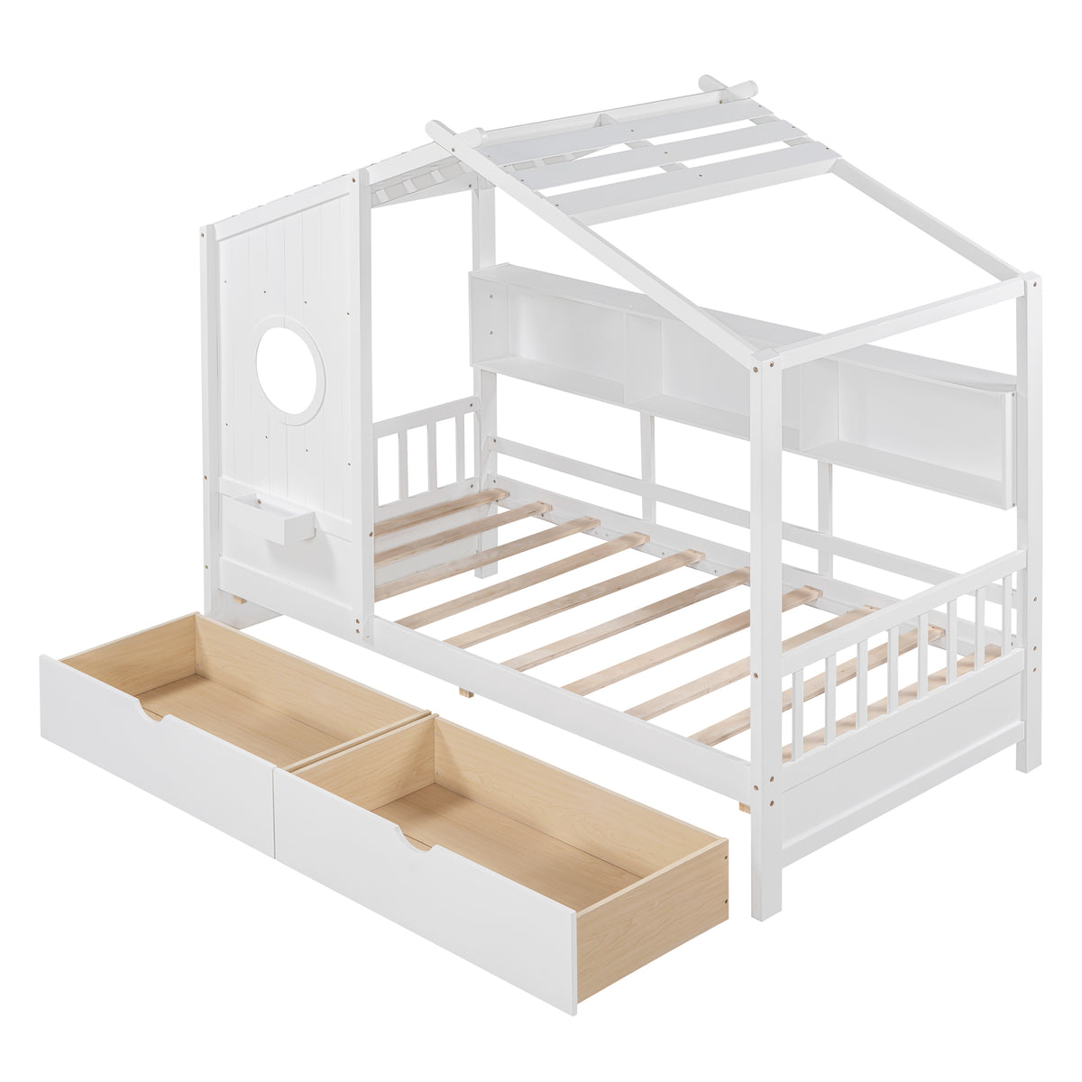 variant-group:rf-n733s308483k|Roomfitters Wooden Twin Size House Bed with 2 Drawers and Storage Shelf, White