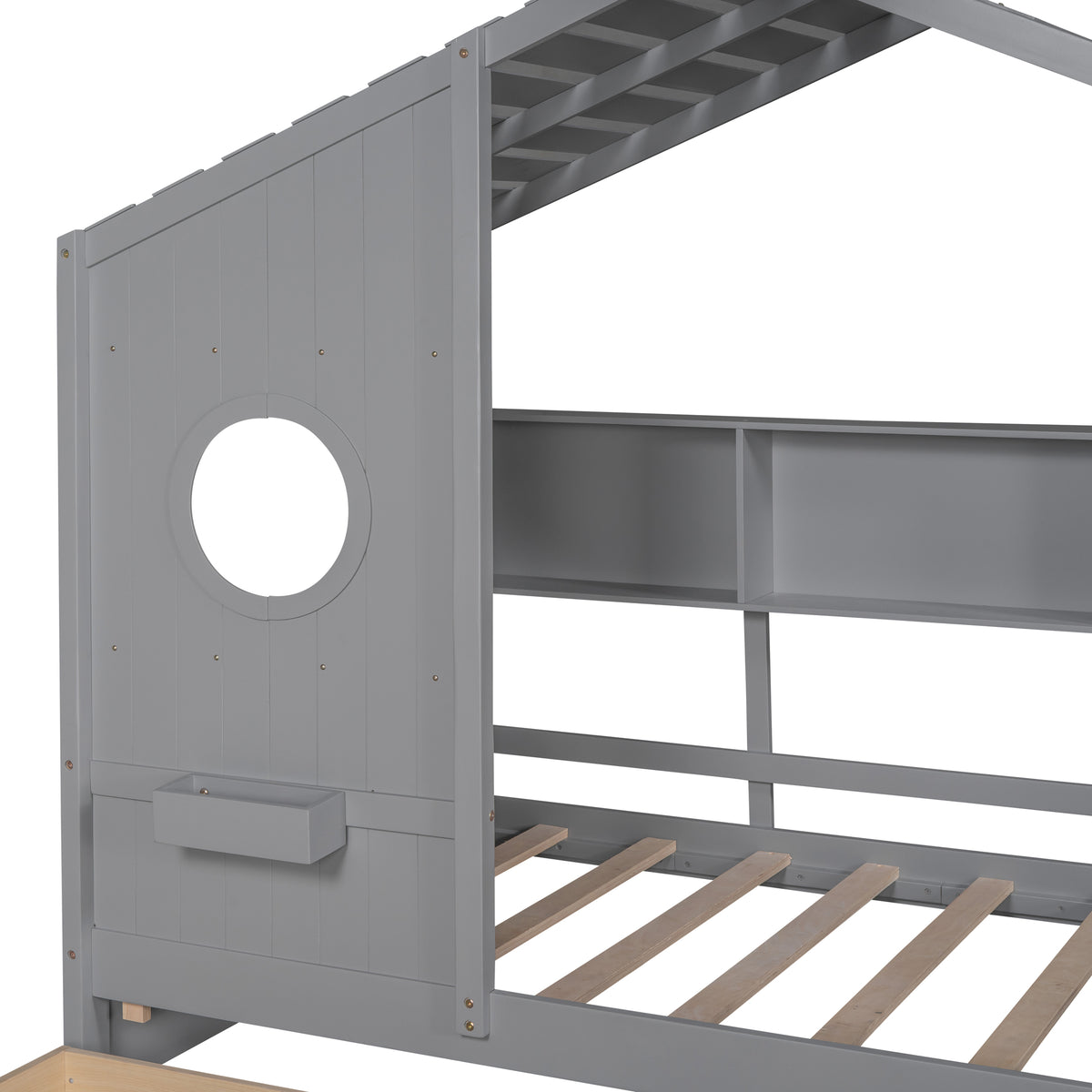 variant-group:rf-n733s308483e|Roomfitters Wooden Twin Size House Bed with 2 Drawers and Storage Shelf, Gray