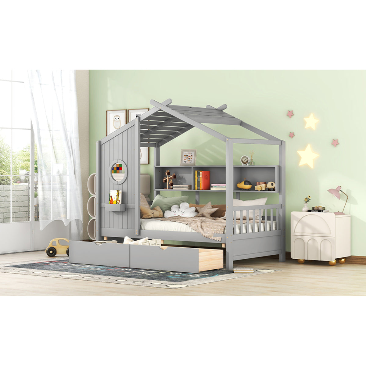 variant-group:rf-n733s308483e|Roomfitters Wooden Twin Size House Bed with 2 Drawers and Storage Shelf, Gray