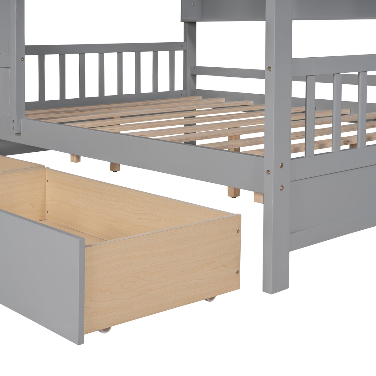 variant-group:rf-n733s308487e|Roomfitters Wooden Full Size House Bed with 2 Drawers and Storage Shelf, Gray
