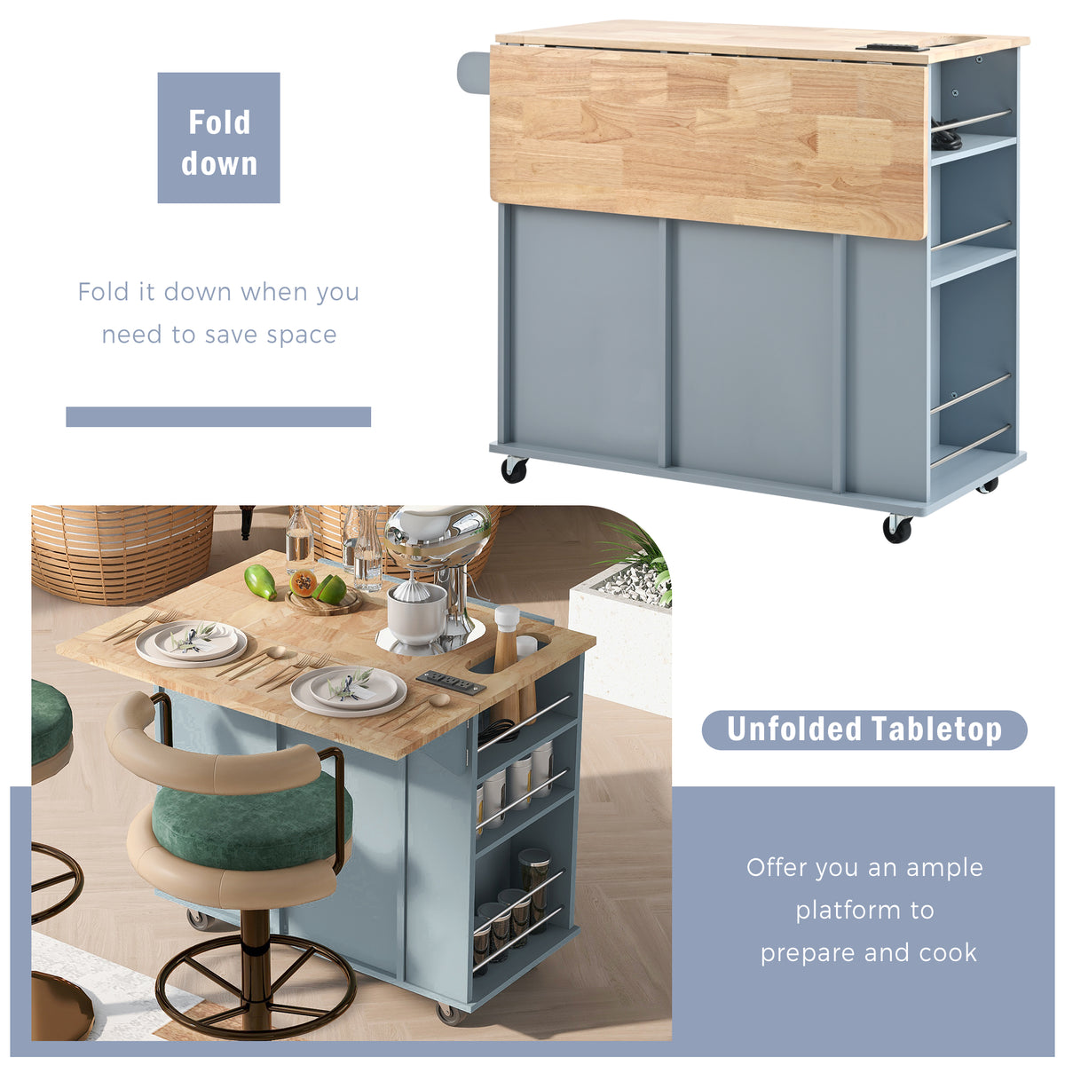 variant-group:rf-n707wf305556aag|Roomfitters Kitchen Island with Power Outlet, Kitchen Storage Island with Drop Leaf and Rubber Wood, Open Storage and Wine Rack, 5 Wheels, Adjustable Storage for Kitchen, and Dining Room, Blue