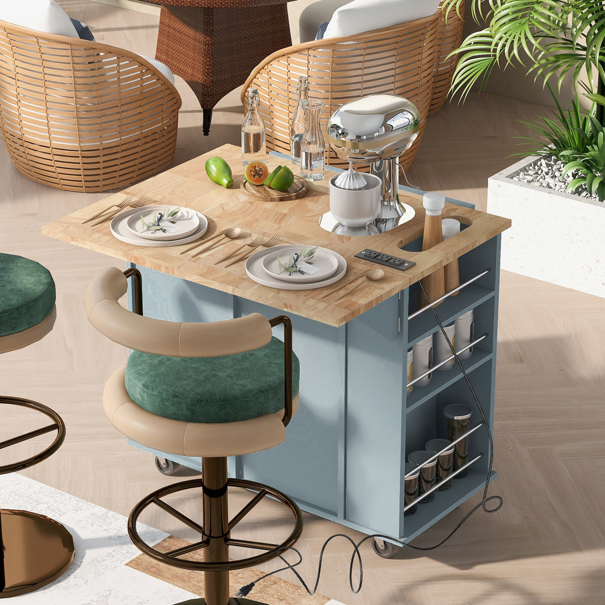 variant-group:rf-n707wf305556aag|Roomfitters Kitchen Island with Power Outlet, Kitchen Storage Island with Drop Leaf and Rubber Wood, Open Storage and Wine Rack, 5 Wheels, Adjustable Storage for Kitchen, and Dining Room, Blue