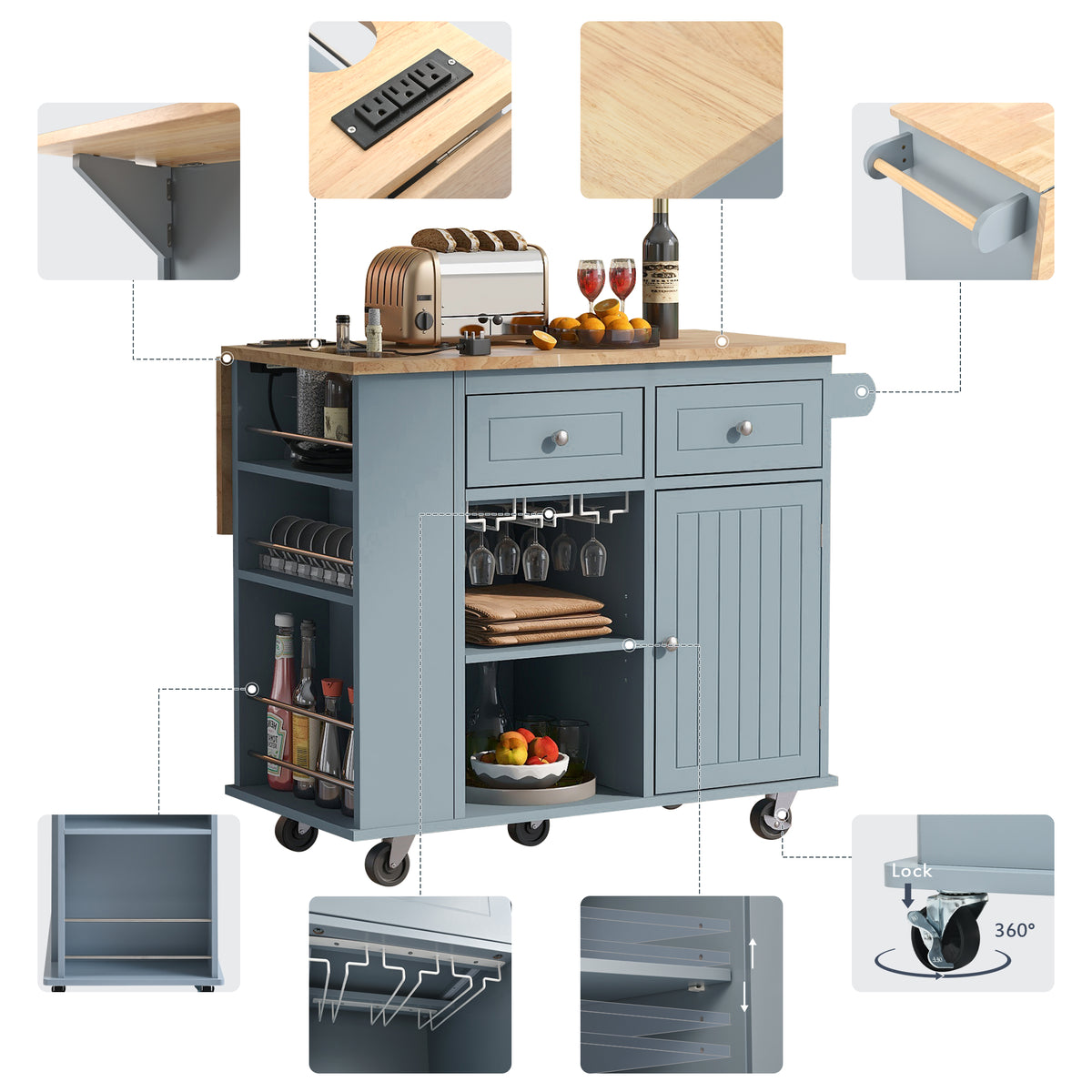 variant-group:rf-n707wf305556aag|Roomfitters Kitchen Island with Power Outlet, Kitchen Storage Island with Drop Leaf and Rubber Wood, Open Storage and Wine Rack, 5 Wheels, Adjustable Storage for Kitchen, and Dining Room, Blue