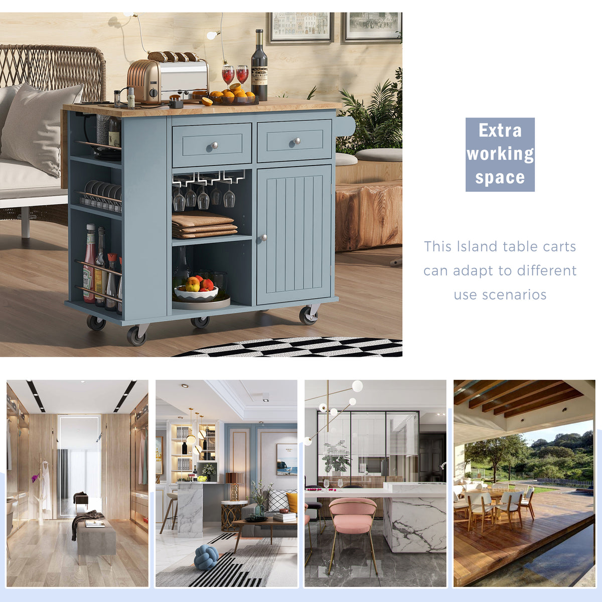 variant-group:rf-n707wf305556aag|Roomfitters Kitchen Island with Power Outlet, Kitchen Storage Island with Drop Leaf and Rubber Wood, Open Storage and Wine Rack, 5 Wheels, Adjustable Storage for Kitchen, and Dining Room, Blue