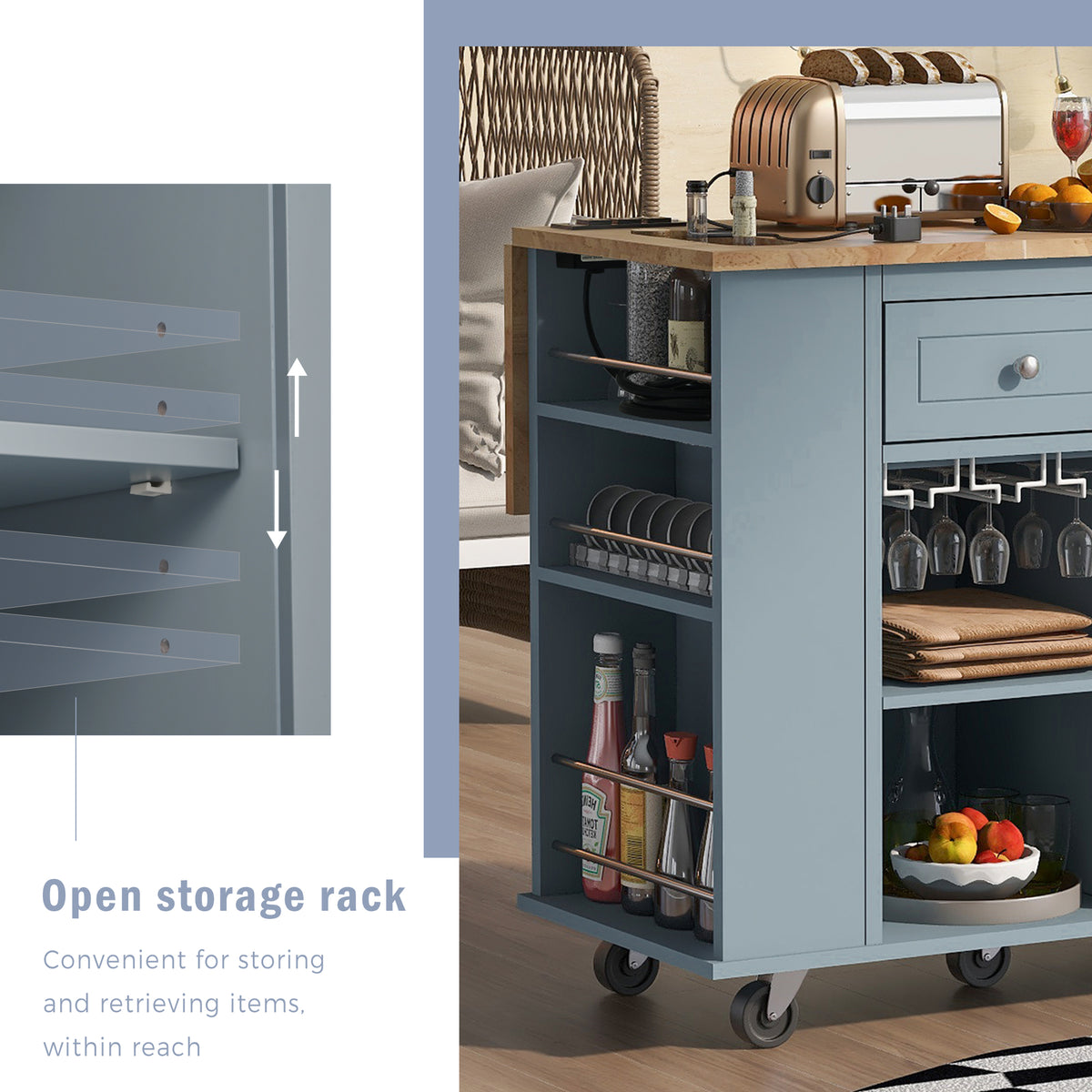 variant-group:rf-n707wf305556aag|Roomfitters Kitchen Island with Power Outlet, Kitchen Storage Island with Drop Leaf and Rubber Wood, Open Storage and Wine Rack, 5 Wheels, Adjustable Storage for Kitchen, and Dining Room, Blue