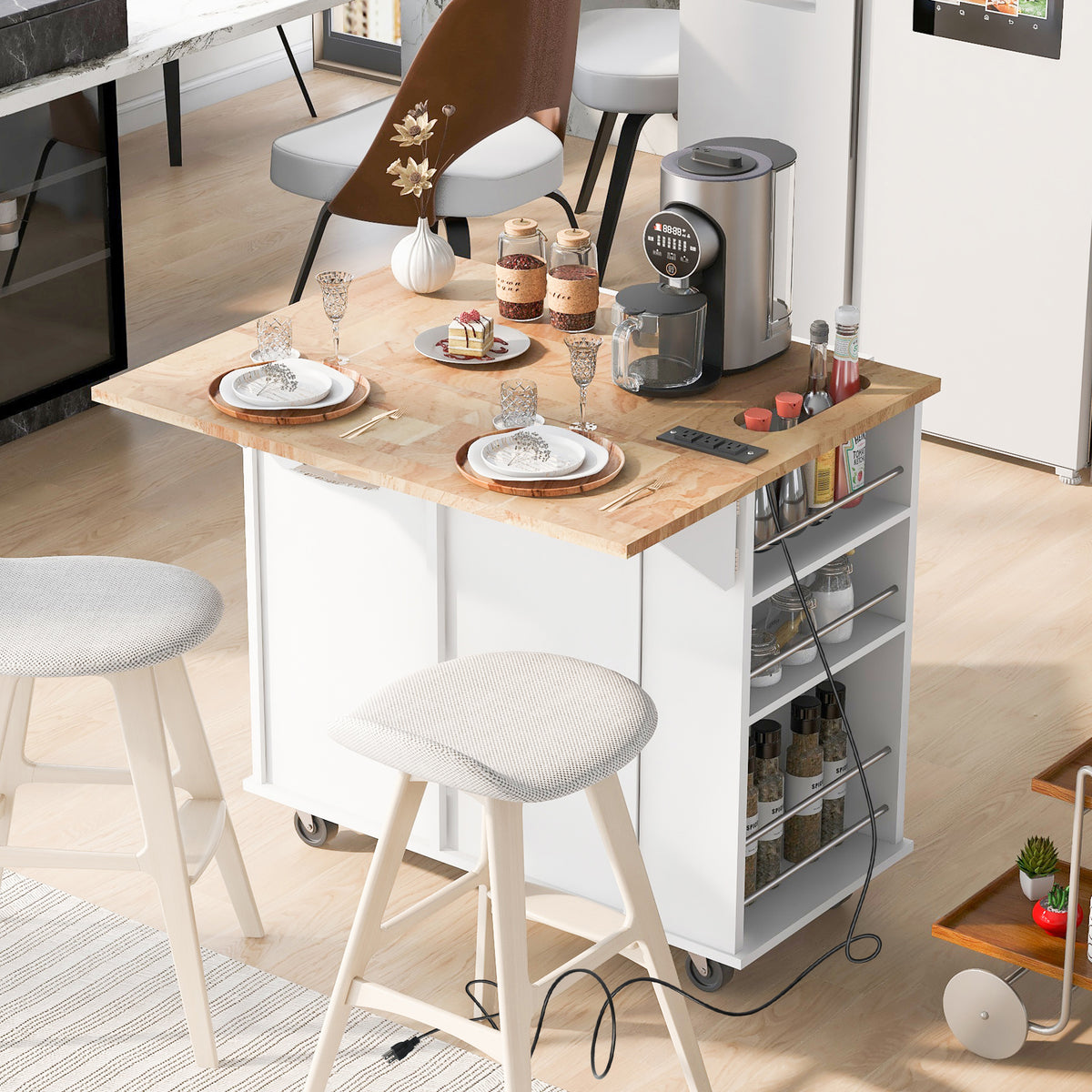 variant-group:rf-n707wf305556aaw|Roomfitters Kitchen Island with Power Outlet, Kitchen Storage Island with Drop Leaf and Rubber Wood, Open Storage and Wine Rack, 5 Wheels, Adjustable Storage for Kitchen, and Dining Room, White