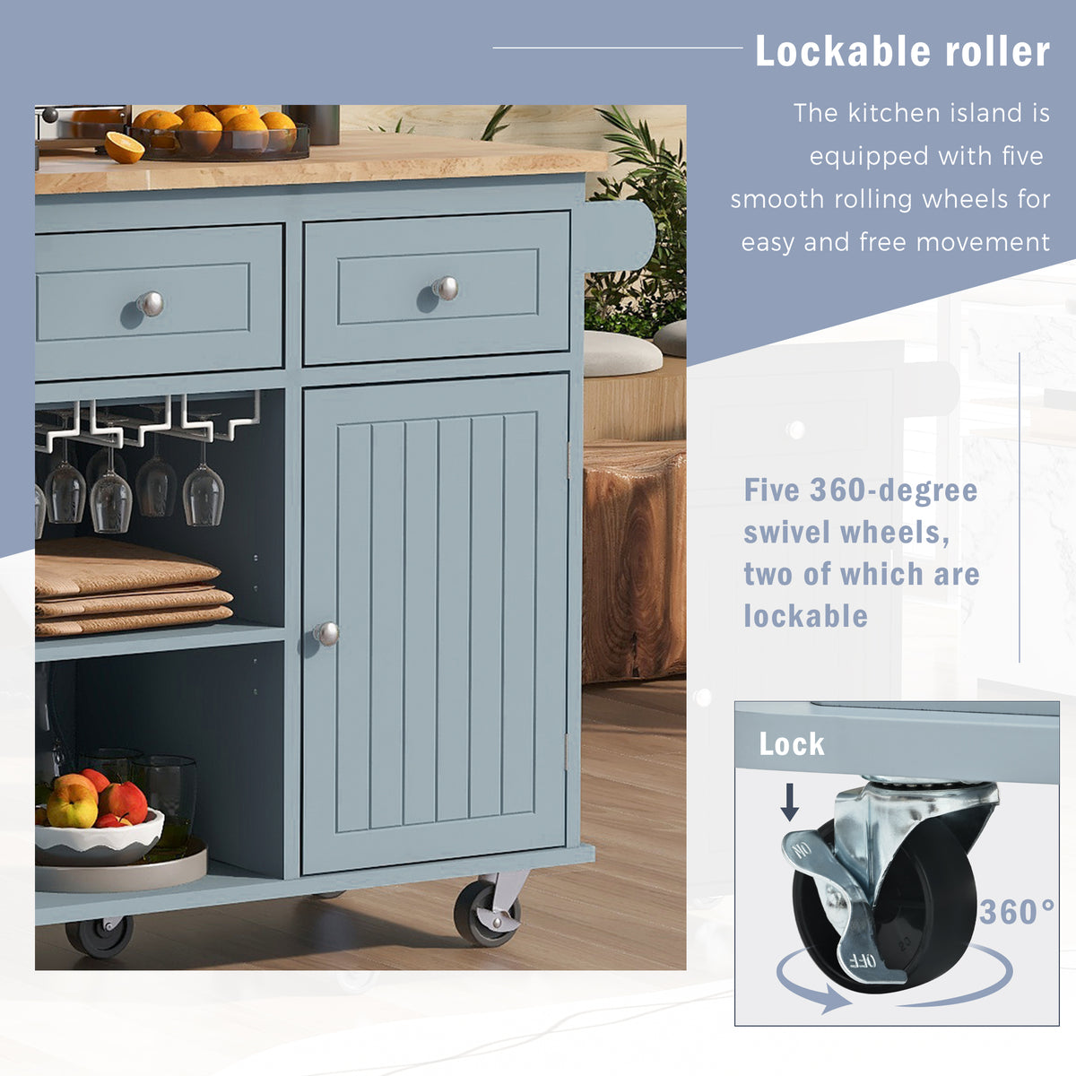 variant-group:rf-n707wf305556aag|Roomfitters Kitchen Island with Power Outlet, Kitchen Storage Island with Drop Leaf and Rubber Wood, Open Storage and Wine Rack, 5 Wheels, Adjustable Storage for Kitchen, and Dining Room, Blue