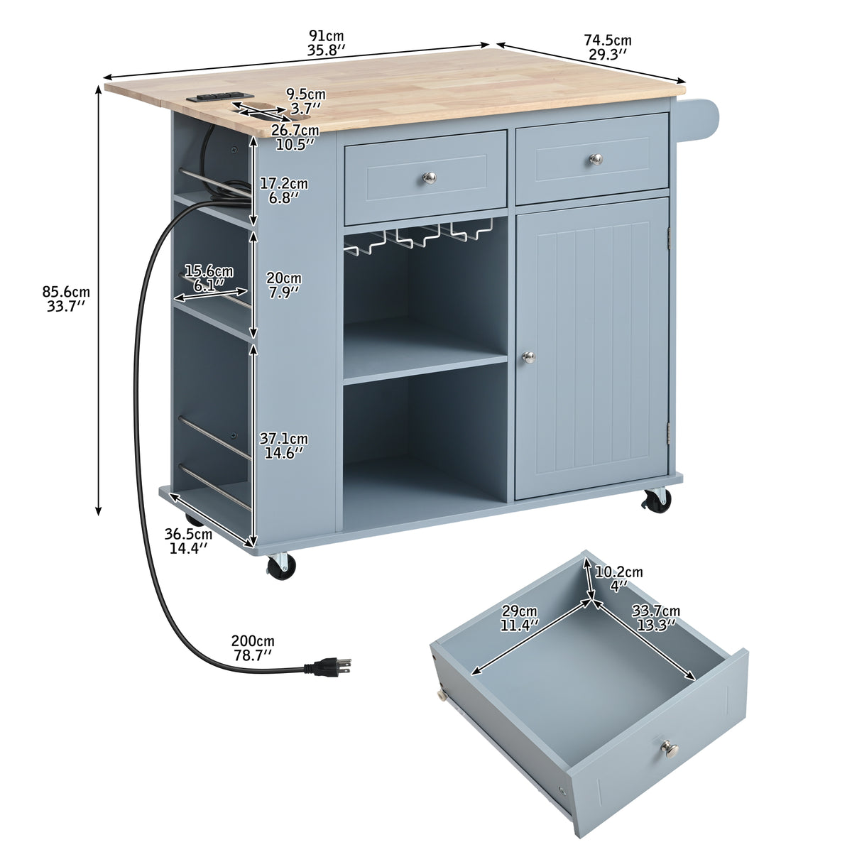 variant-group:rf-n707wf305556aag|Roomfitters Kitchen Island with Power Outlet, Kitchen Storage Island with Drop Leaf and Rubber Wood, Open Storage and Wine Rack, 5 Wheels, Adjustable Storage for Kitchen, and Dining Room, Blue