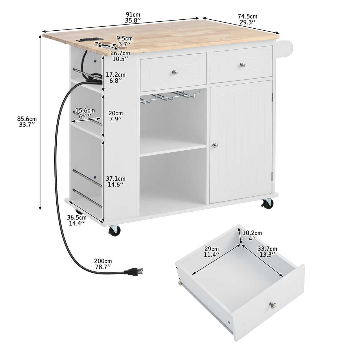 variant-group:rf-n707wf305556aaw|Roomfitters Kitchen Island with Power Outlet, Kitchen Storage Island with Drop Leaf and Rubber Wood, Open Storage and Wine Rack, 5 Wheels, Adjustable Storage for Kitchen, and Dining Room, White