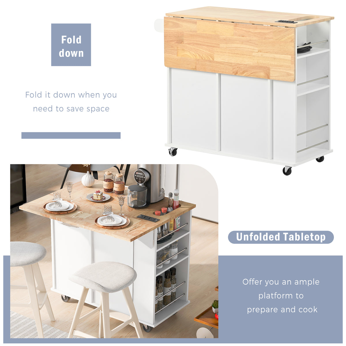 variant-group:rf-n707wf305556aaw|Roomfitters Kitchen Island with Power Outlet, Kitchen Storage Island with Drop Leaf and Rubber Wood, Open Storage and Wine Rack, 5 Wheels, Adjustable Storage for Kitchen, and Dining Room, White