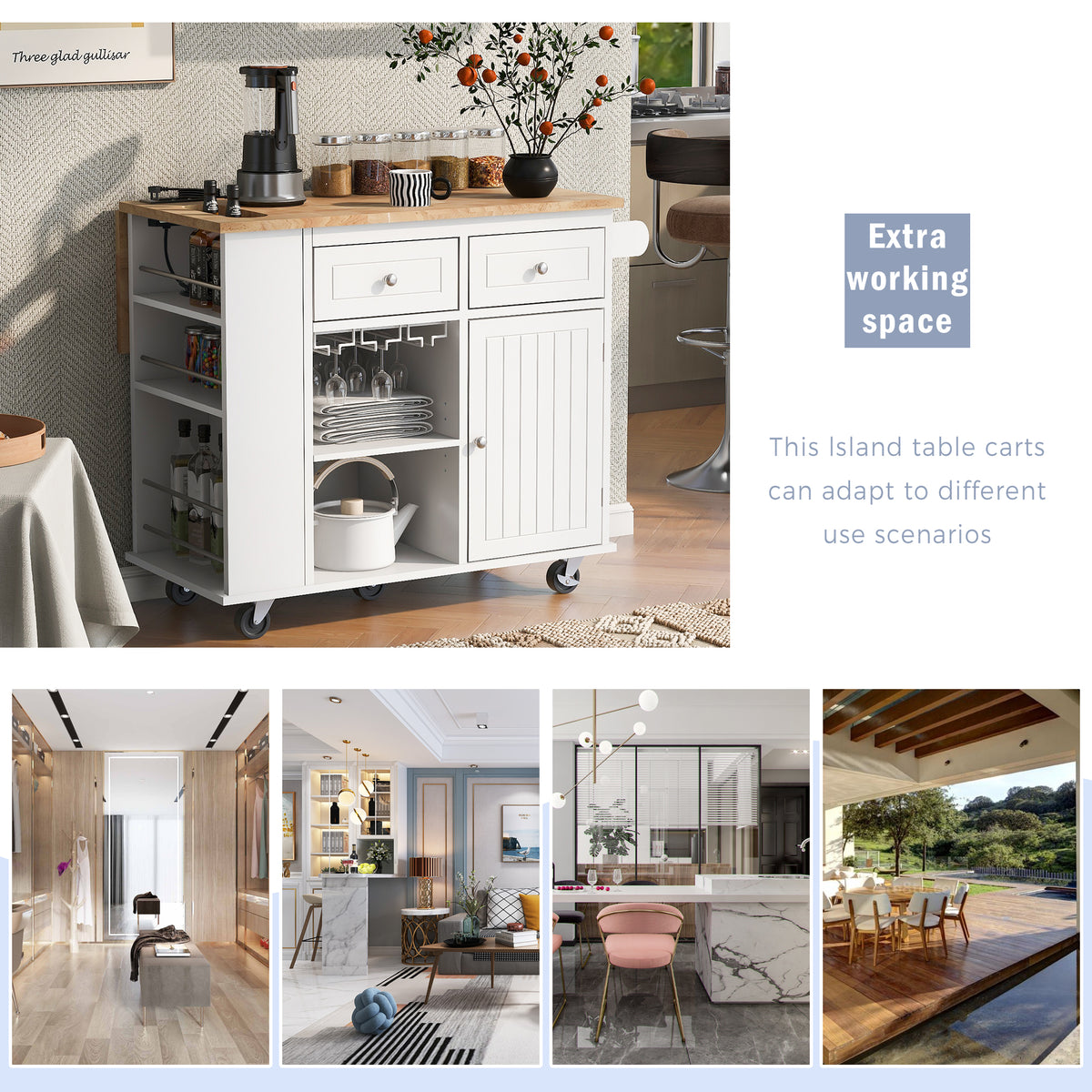 variant-group:rf-n707wf305556aaw|Roomfitters Kitchen Island with Power Outlet, Kitchen Storage Island with Drop Leaf and Rubber Wood, Open Storage and Wine Rack, 5 Wheels, Adjustable Storage for Kitchen, and Dining Room, White