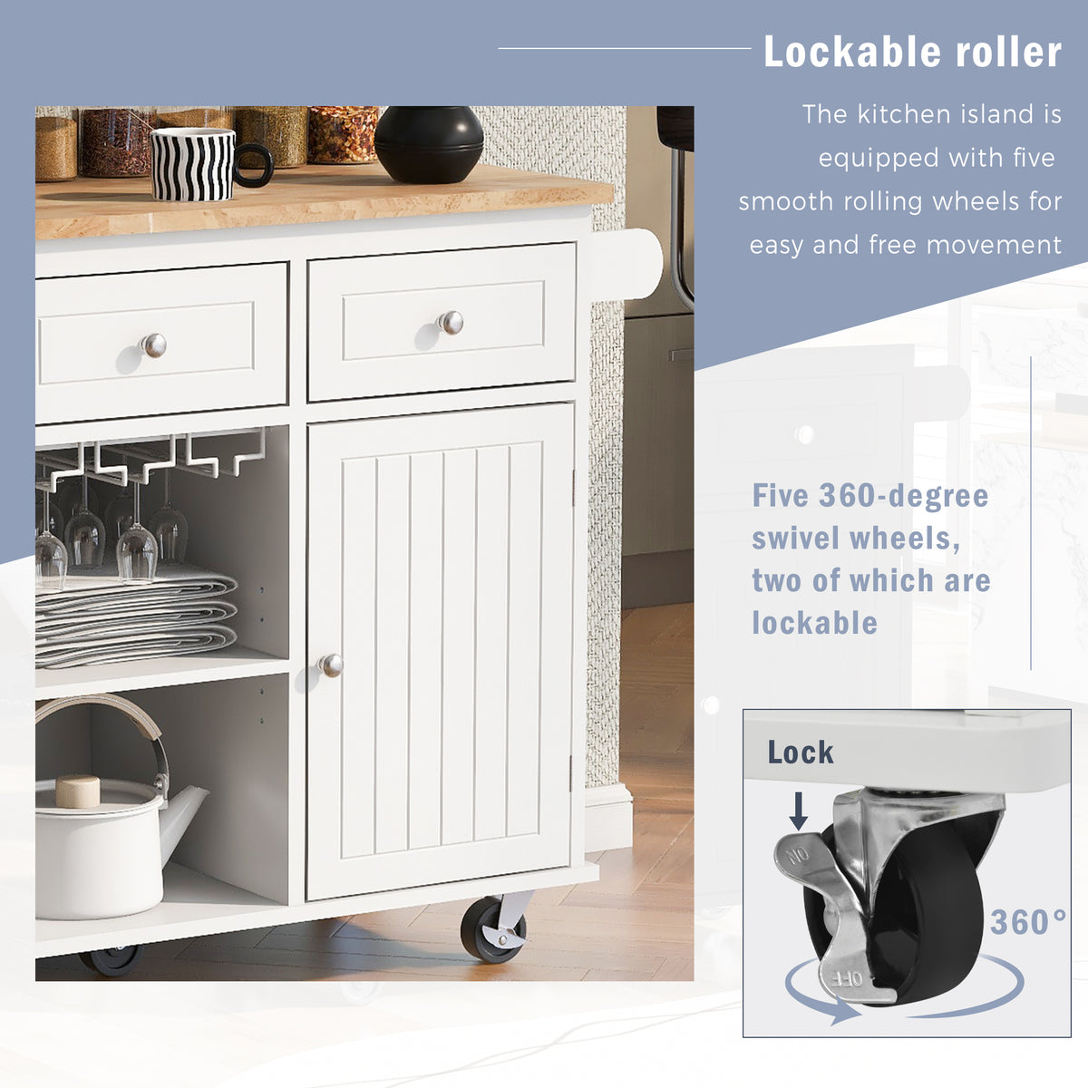 variant-group:rf-n707wf305556aaw|Roomfitters Kitchen Island with Power Outlet, Kitchen Storage Island with Drop Leaf and Rubber Wood, Open Storage and Wine Rack, 5 Wheels, Adjustable Storage for Kitchen, and Dining Room, White