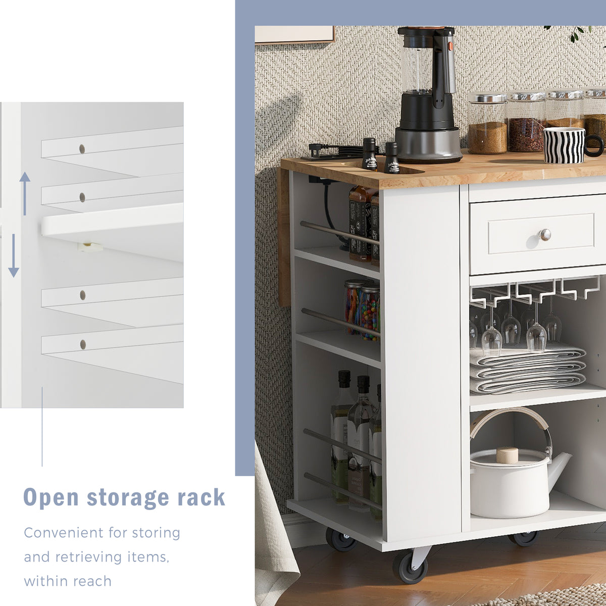 variant-group:rf-n707wf305556aaw|Roomfitters Kitchen Island with Power Outlet, Kitchen Storage Island with Drop Leaf and Rubber Wood, Open Storage and Wine Rack, 5 Wheels, Adjustable Storage for Kitchen, and Dining Room, White