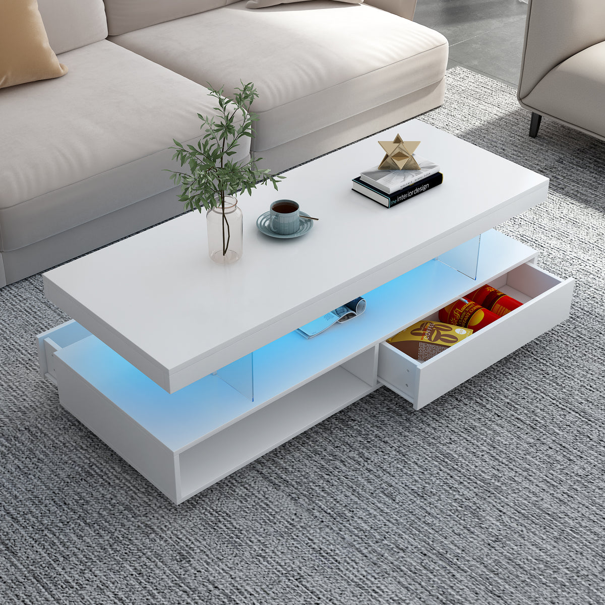 variant-group:rf-n724wf307038aak|Roomfitters Modern Coffee Table with Storage Shelf and Display Space, Center Table with Lighting Effect, White