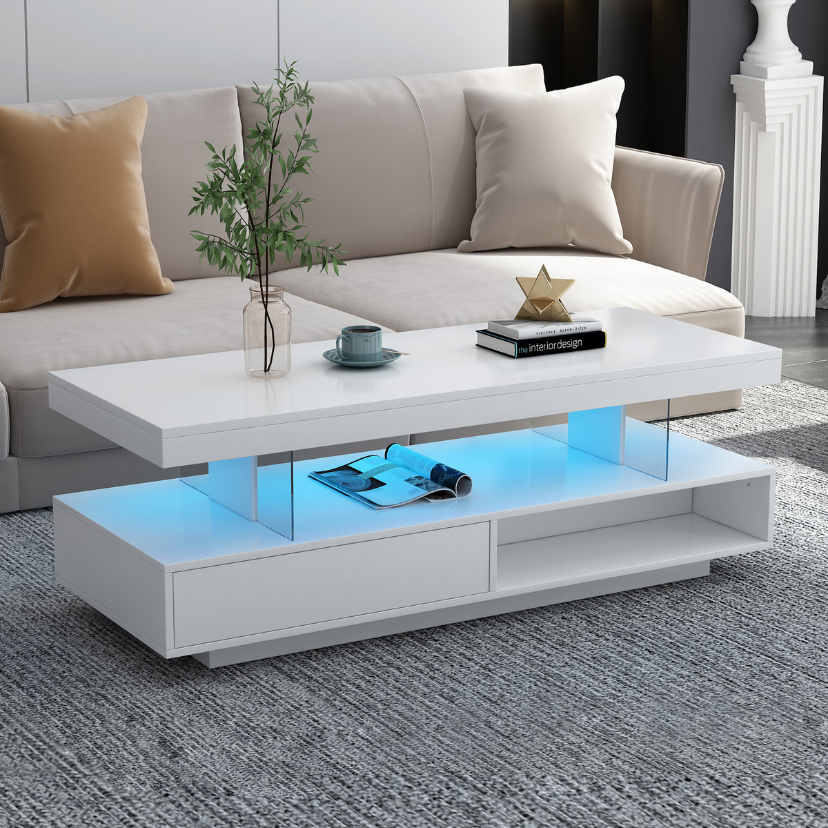 variant-group:rf-n724wf307038aak|Roomfitters Modern Coffee Table with Storage Shelf and Display Space, Center Table with Lighting Effect, White