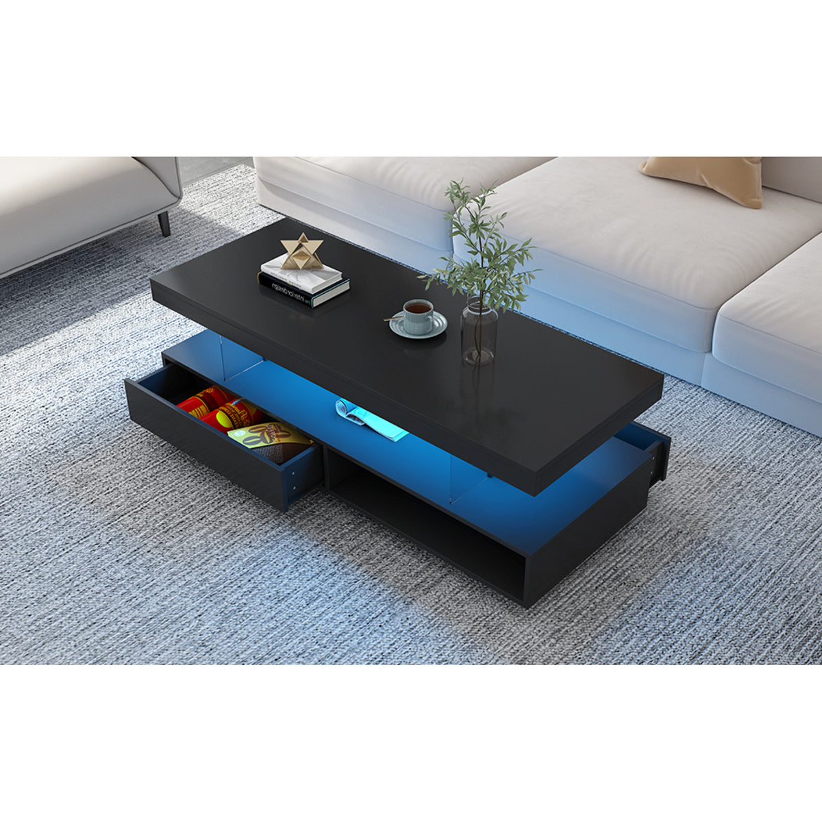 variant-group:rf-n724wf307038aab|Roomfitters Modern Coffee Table with Storage Shelf and Display Space, Center Table with Lighting Effect, Black