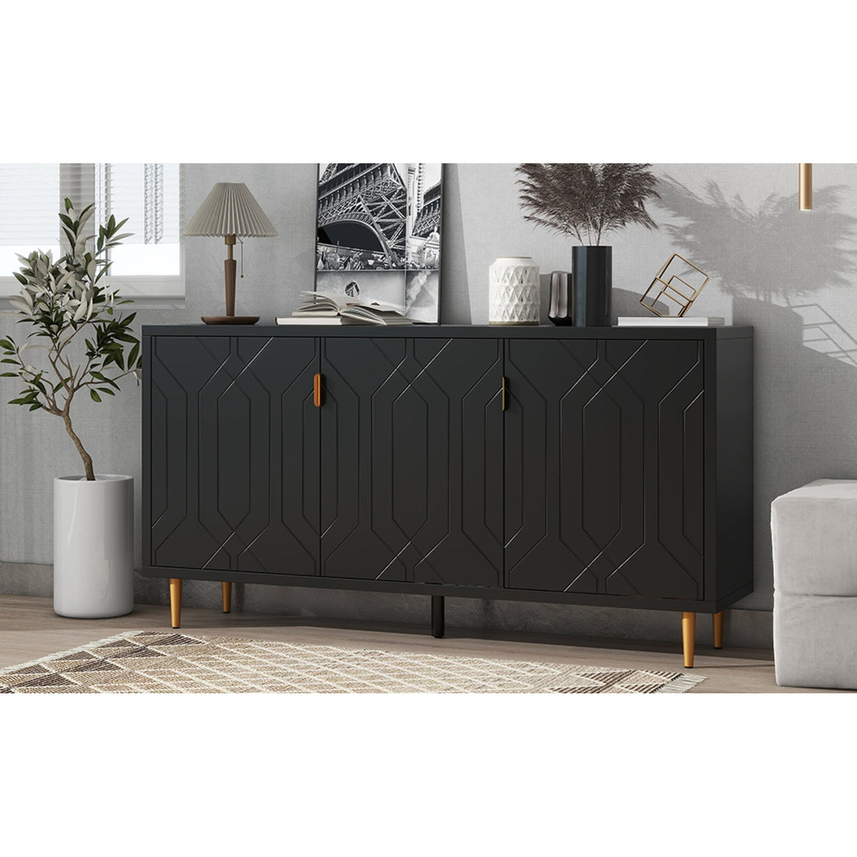 Roomfitters Modern TV Stand with 3 Doors and Adjustable Storage Shelves, Fits TVs up to 70 Inches, Black Roomfitters