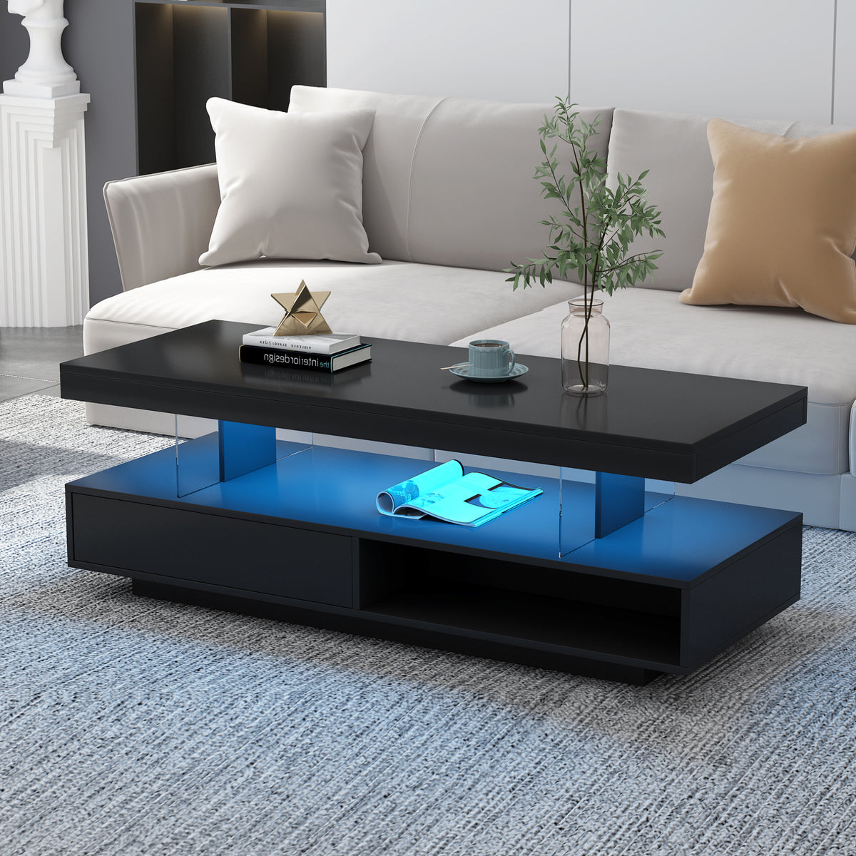 variant-group:rf-n724wf307038aab|Roomfitters Modern Coffee Table with Storage Shelf and Display Space, Center Table with Lighting Effect, Black