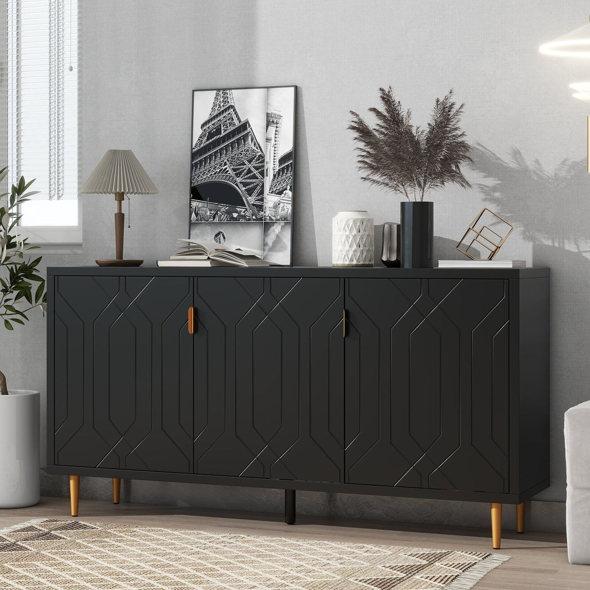 Roomfitters Modern TV Stand with 3 Doors and Adjustable Storage Shelves, Fits TVs up to 70 Inches, Black Roomfitters