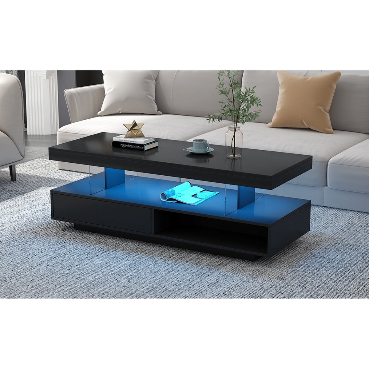 variant-group:rf-n724wf307038aab|Roomfitters Modern Coffee Table with Storage Shelf and Display Space, Center Table with Lighting Effect, Black